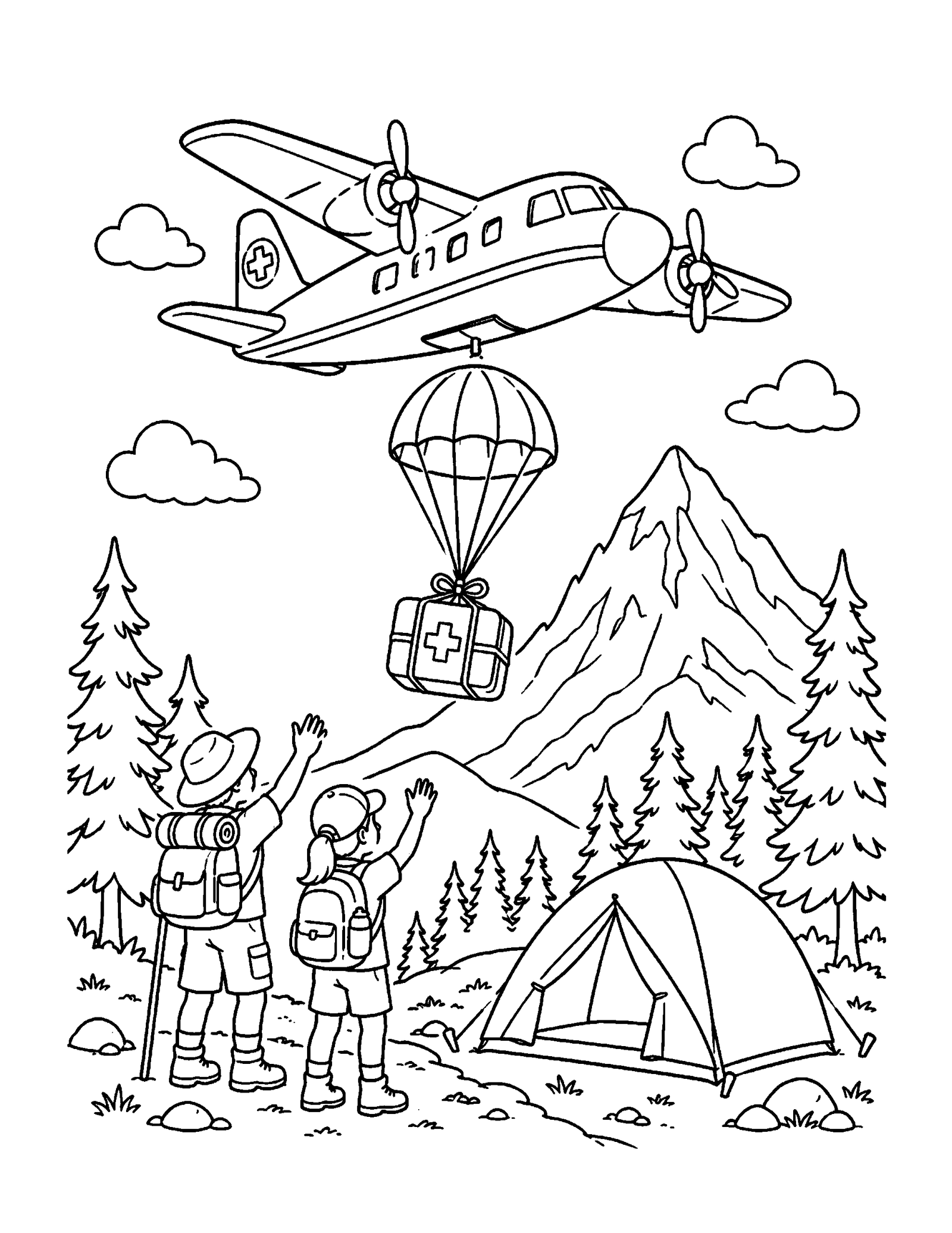 Printable airplane coloring page of a rescue airplane delivering supplies