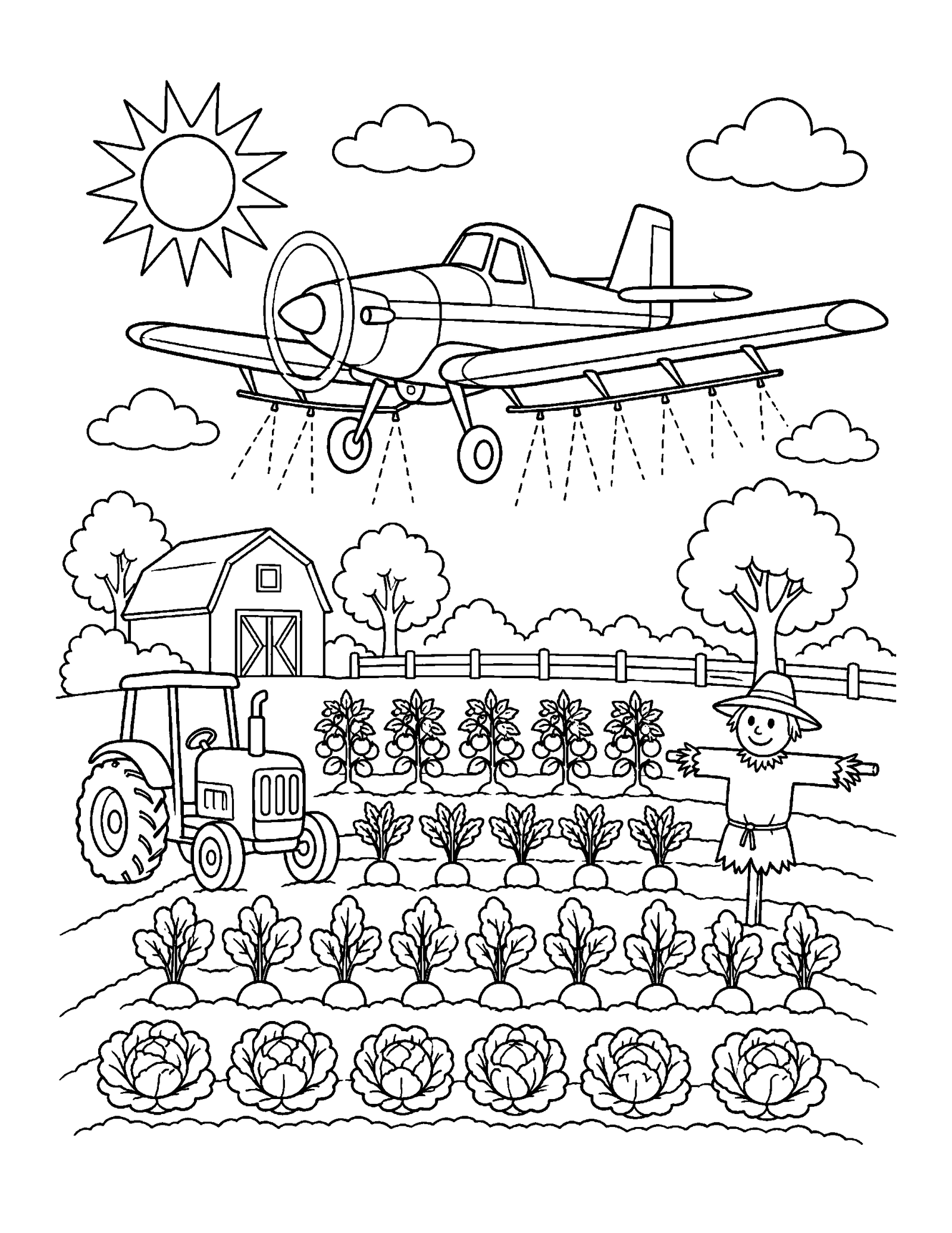 Printable airplane coloring page of an airplane above a vegetable farm
