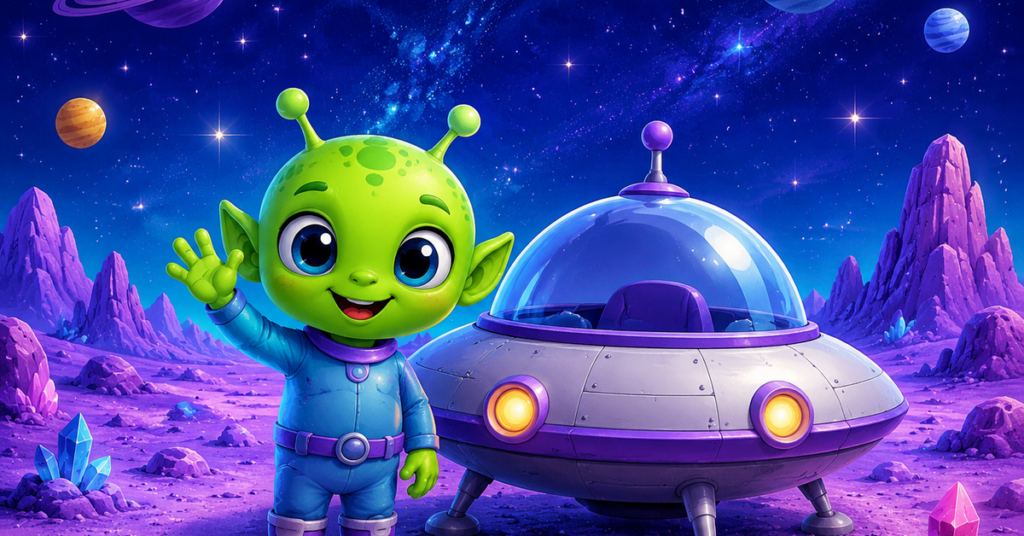 Alien Coloring Pages feature image with a cute original alien and flying saucer