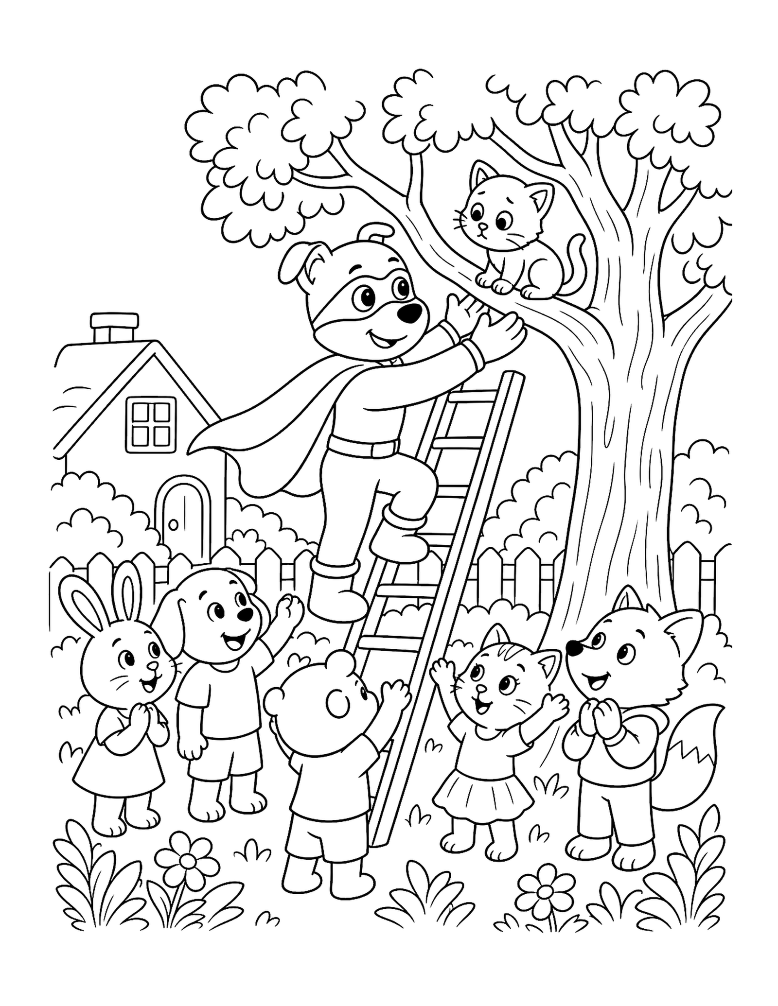 Animal-Helper Hero Rescues a Kitten Original animal-helper superhero printable to color safely bringing a kitten down from a low tree.