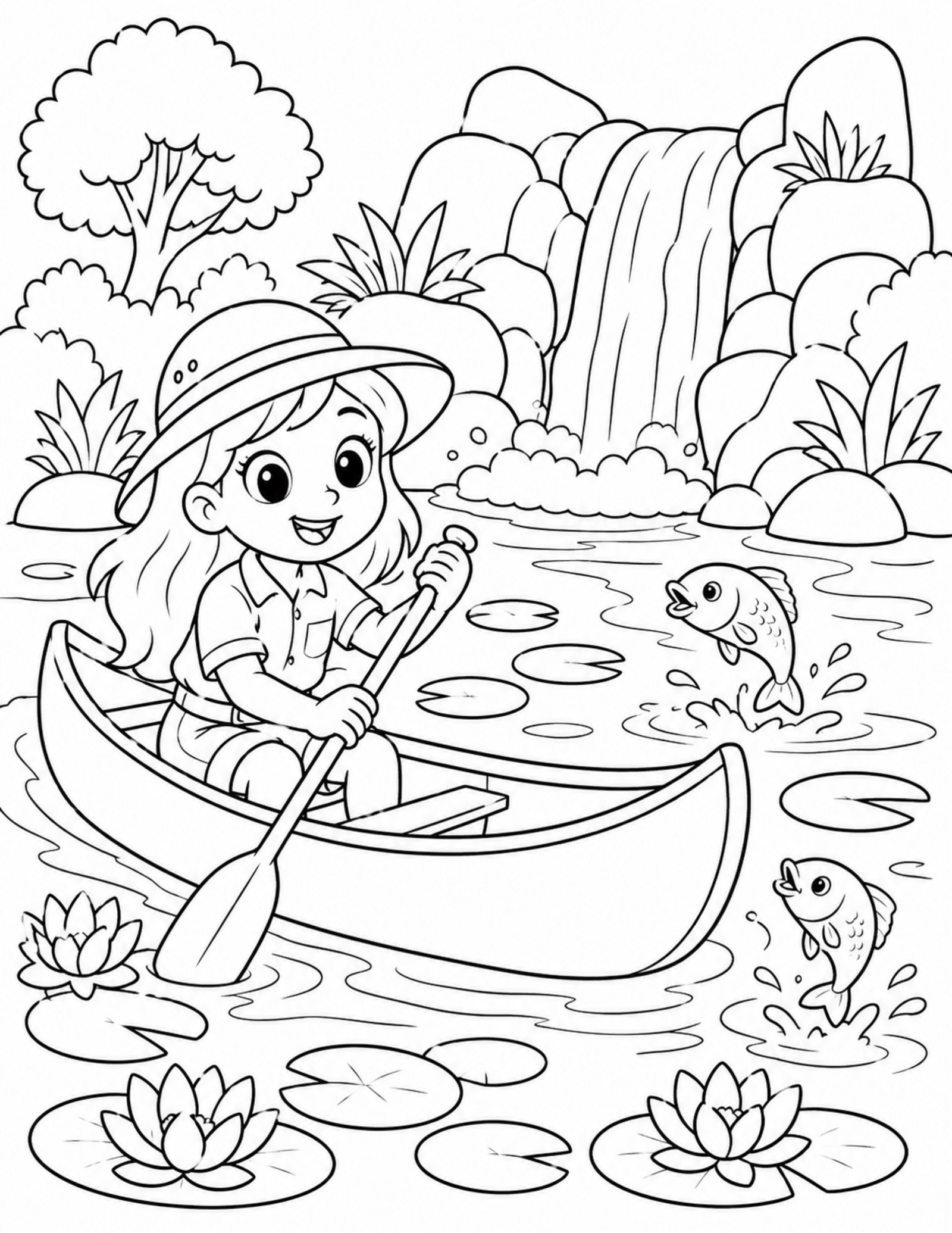 Anime coloring pages style original explorer paddling a canoe