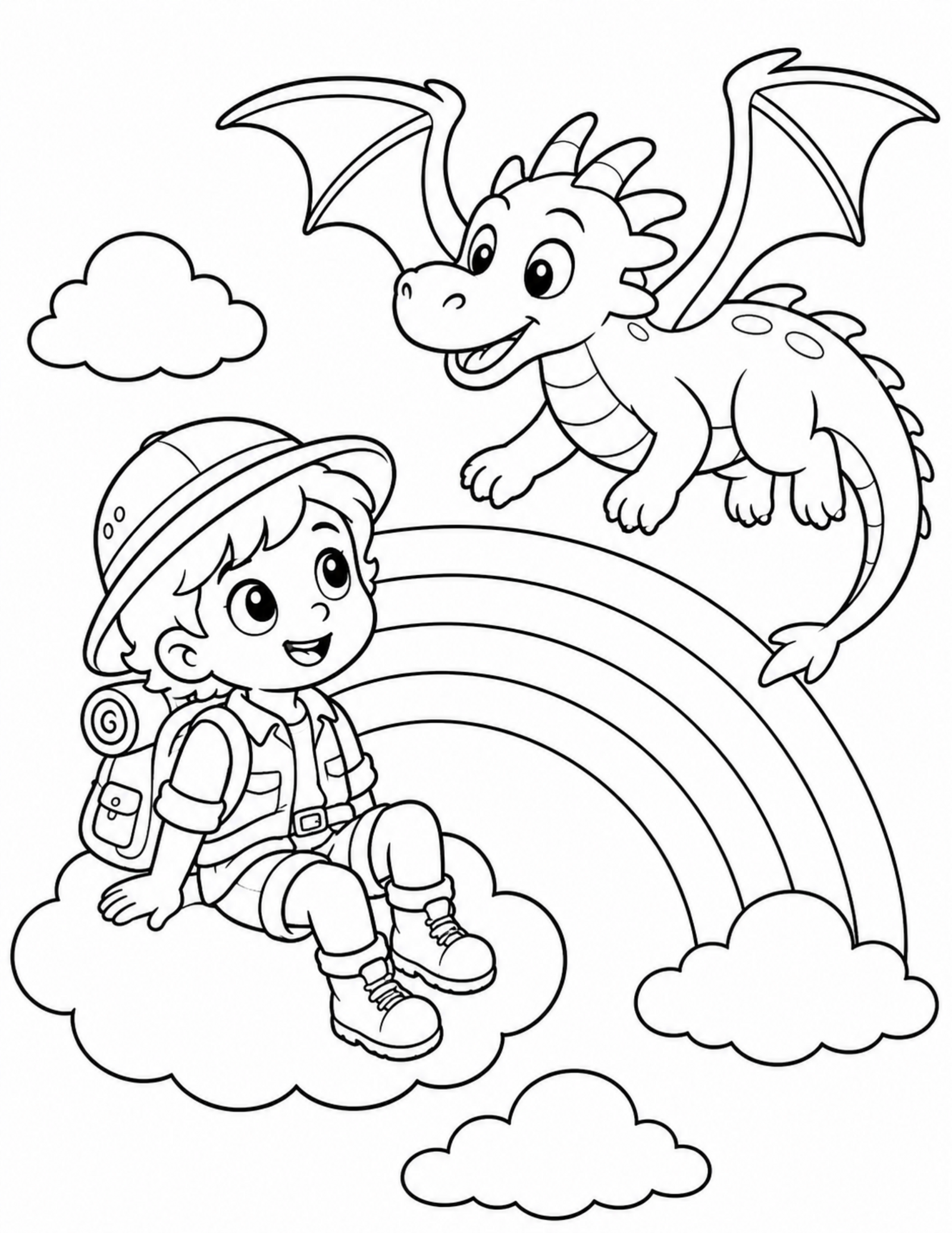 Anime coloring pages style original explorer watching a friendly dragon