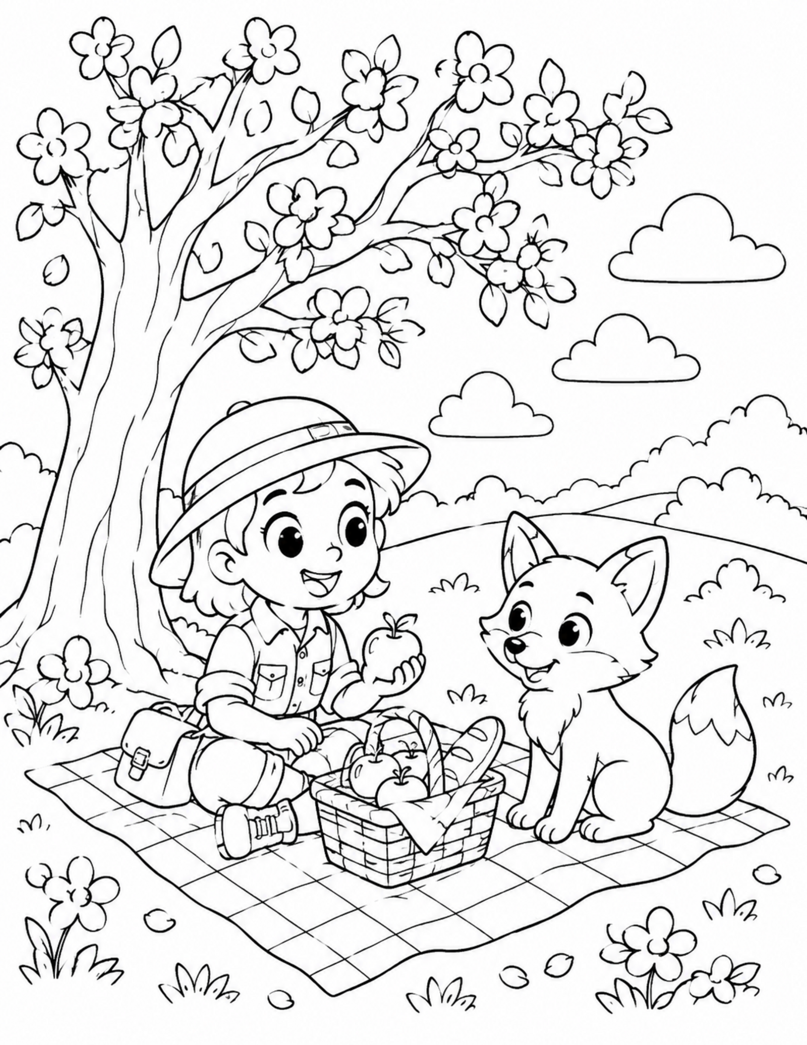 Anime coloring pages style original explorer enjoying a picnic with a fox
