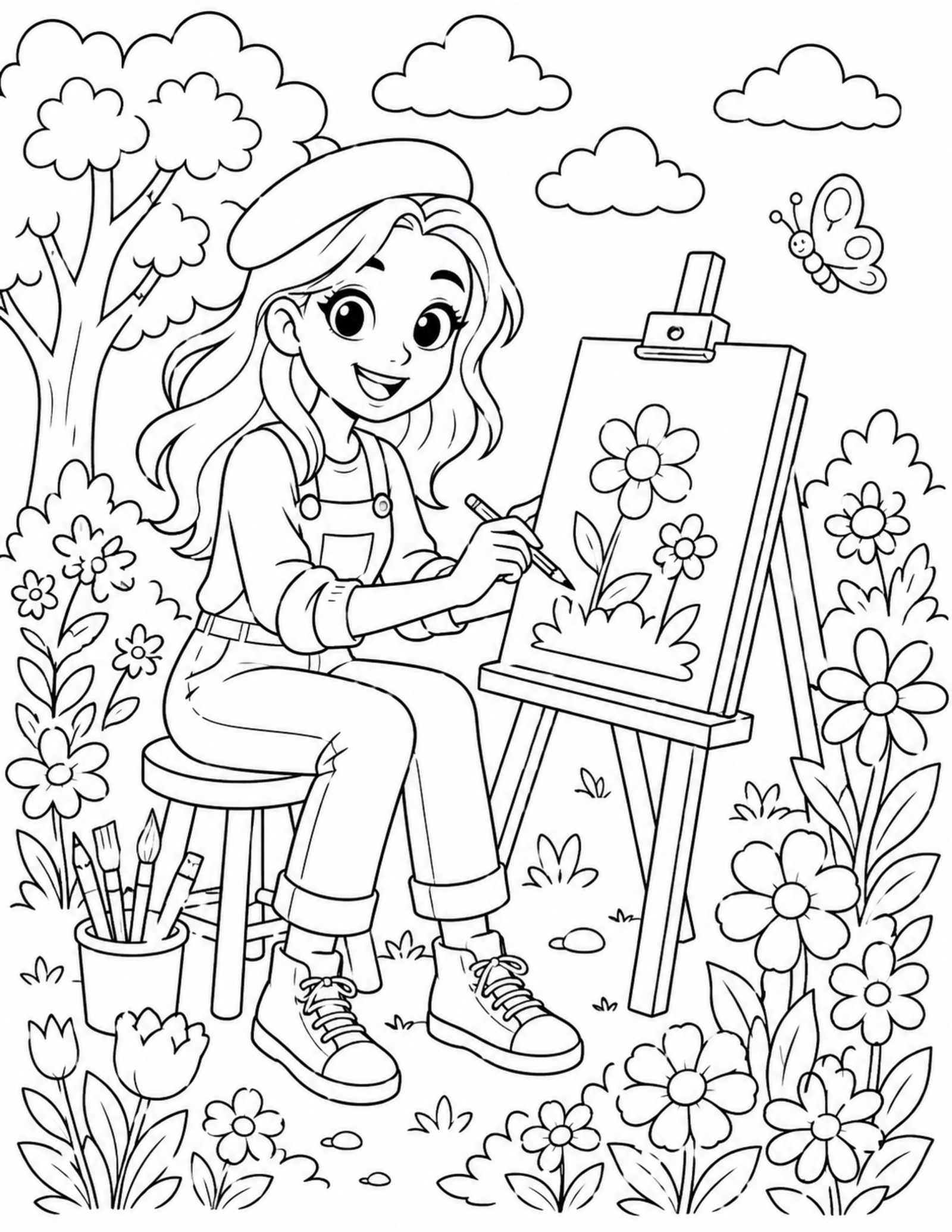 Anime coloring pages style original young artist sketching outdoors
