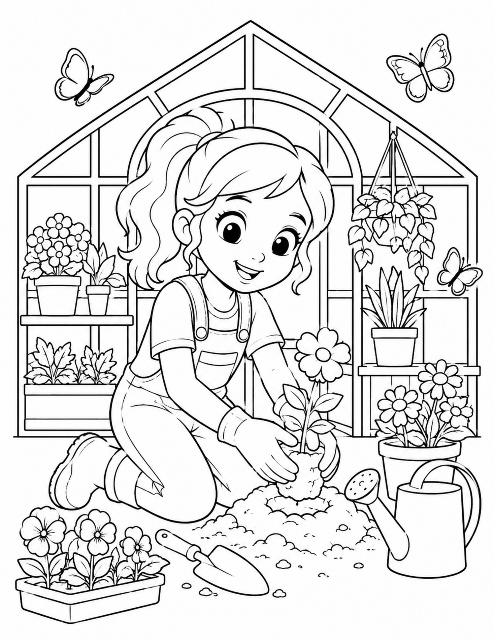 Anime coloring pages style original young gardener planting flowers