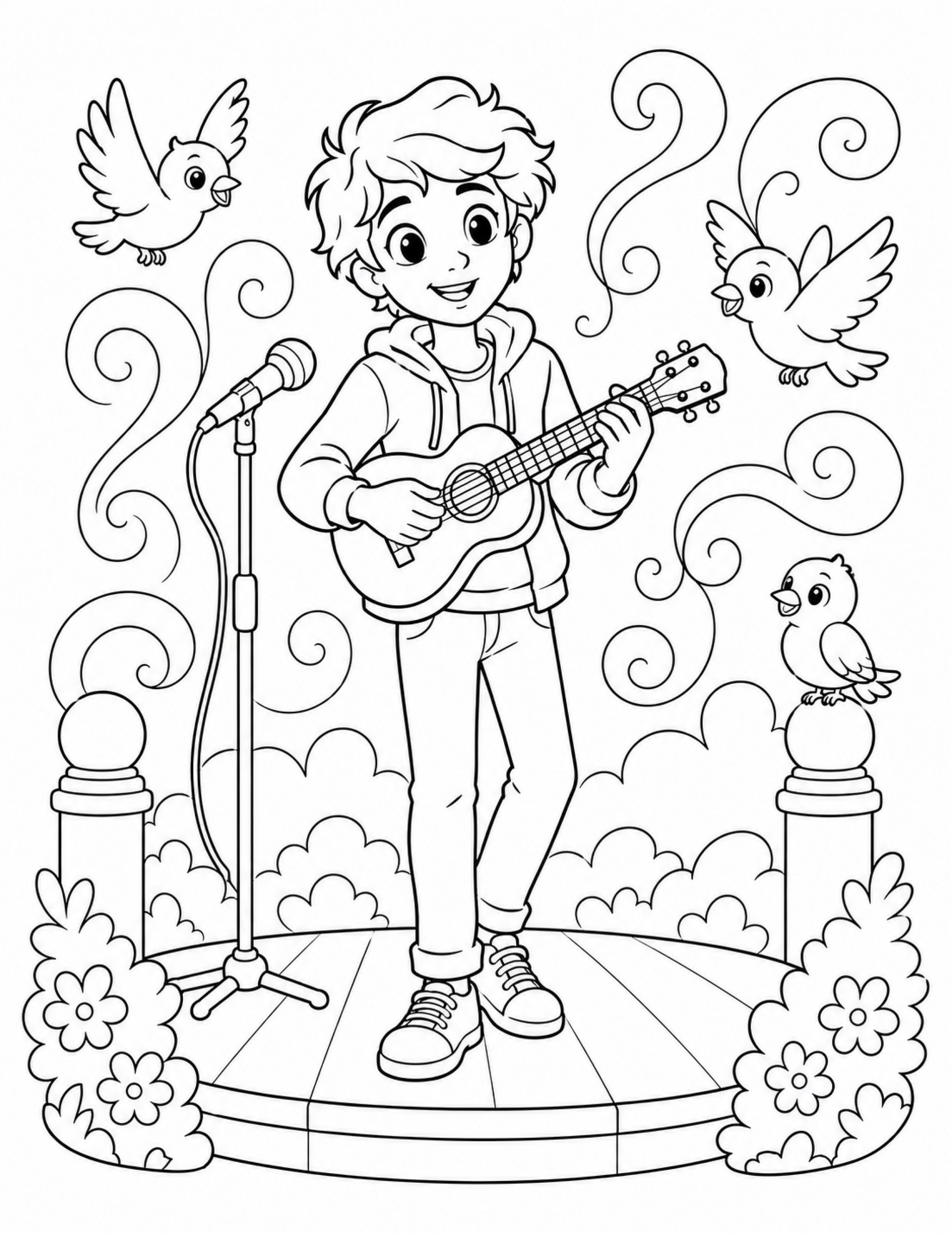 Anime coloring pages style original teen playing guitar outdoors