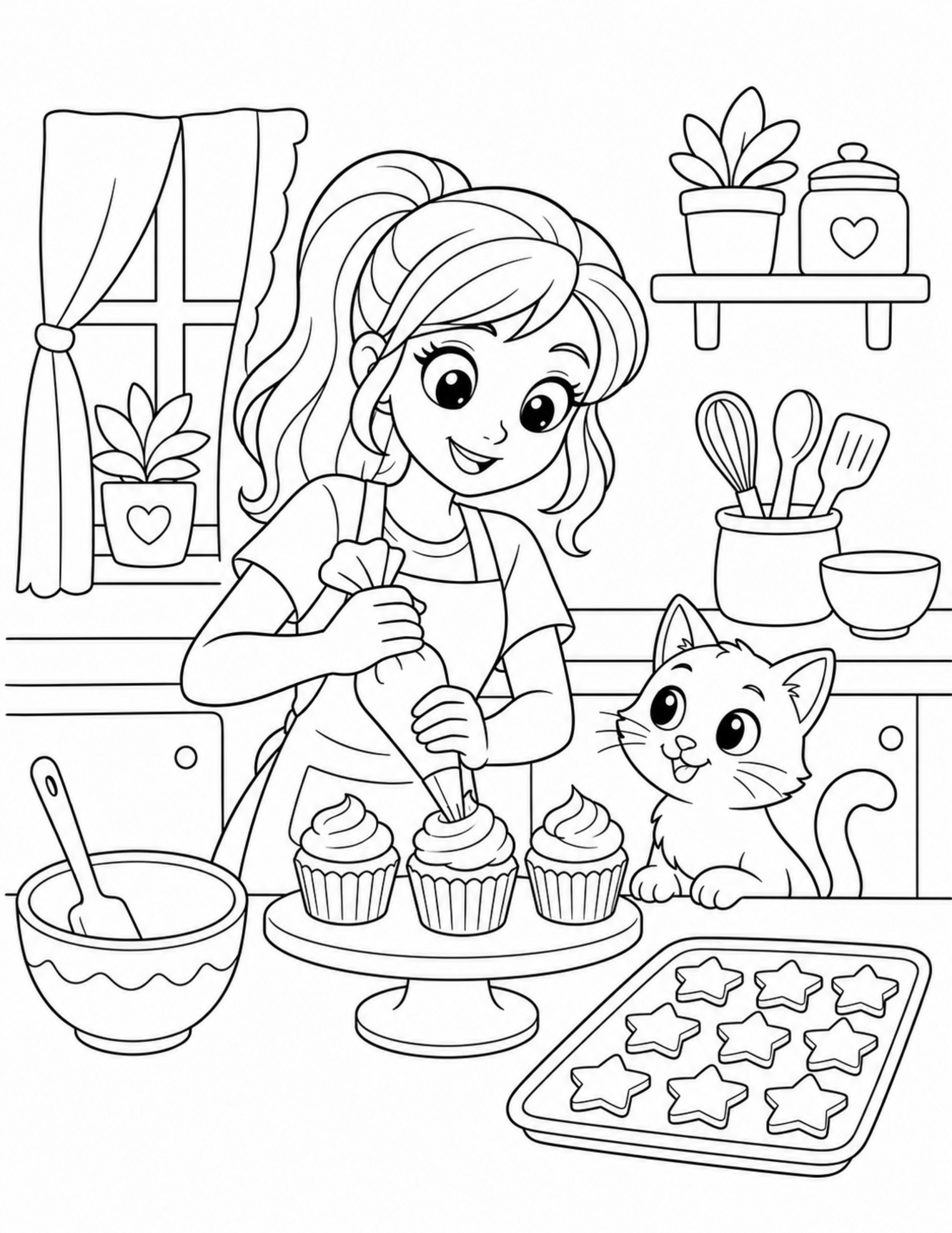 Anime coloring pages style original teen baking with a cat