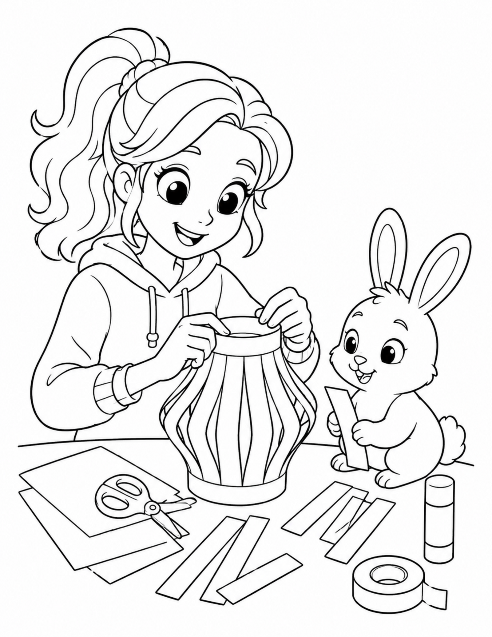 Anime coloring pages style original teen making a paper lantern craft