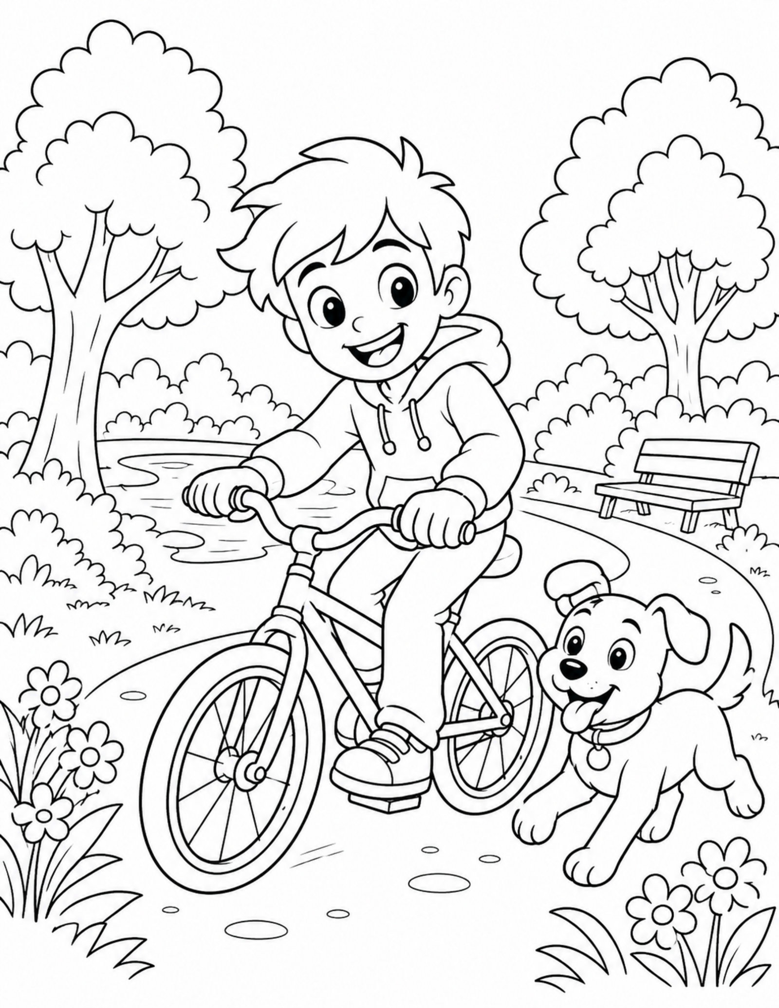 Anime coloring pages style original teen biking with a friendly puppy