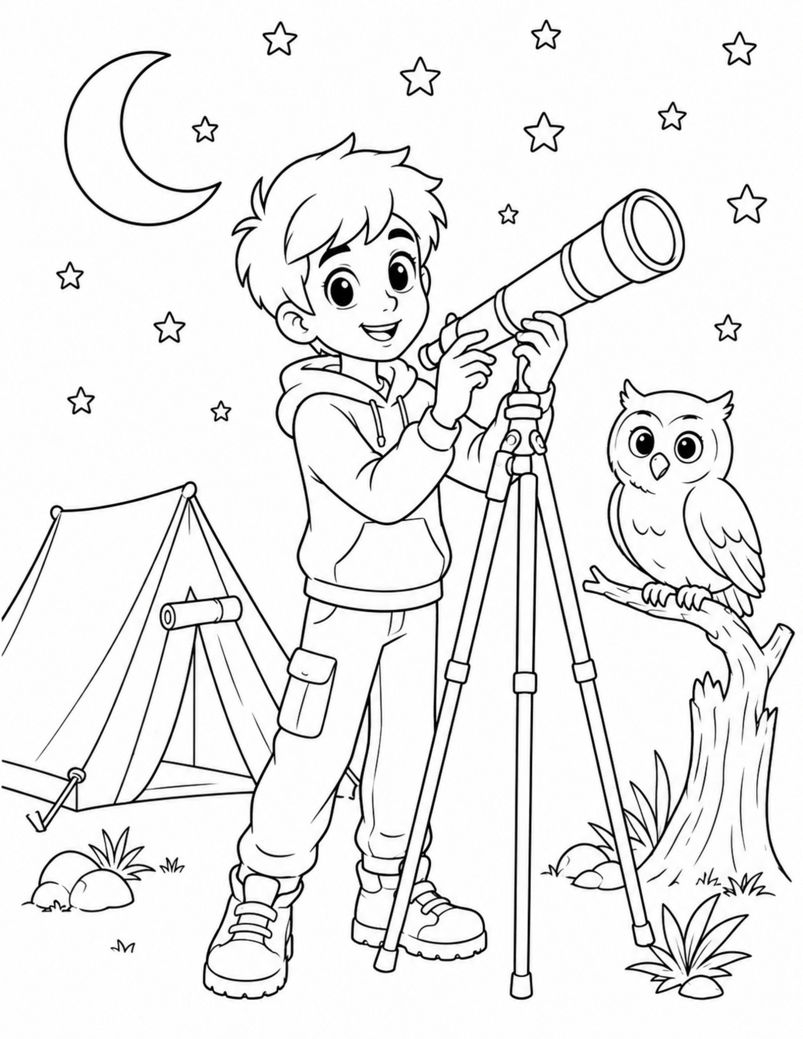 Anime coloring pages style original camper looking at the stars