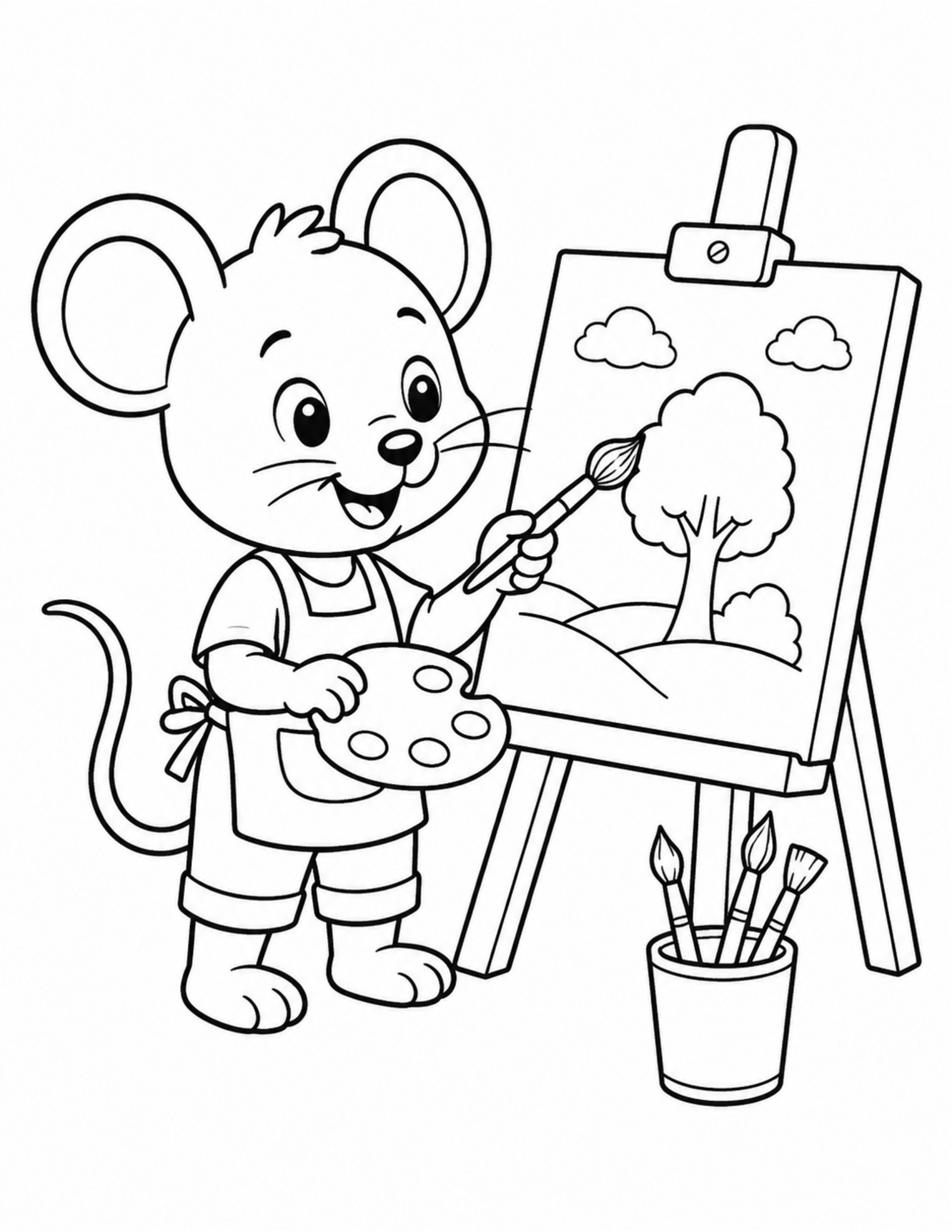 Original cartoon mouse art coloring page with an easel and brushes