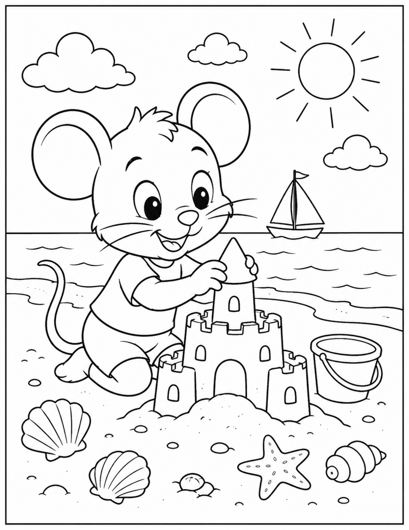 Original cartoon mouse beach coloring page with sandcastle and shells
