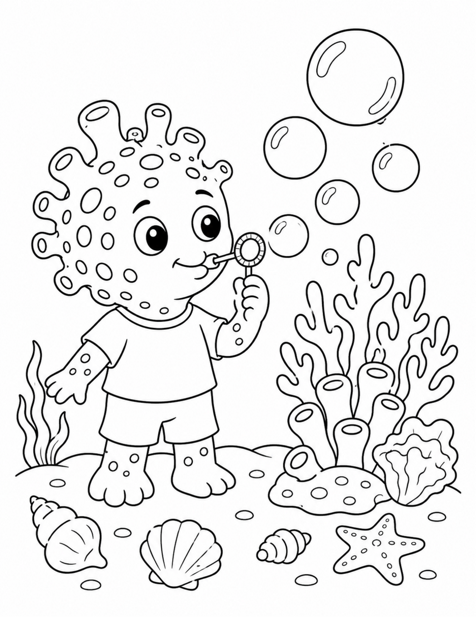 Original undersea adventure coloring page with a friendly sea creature blowing bubbles near coral