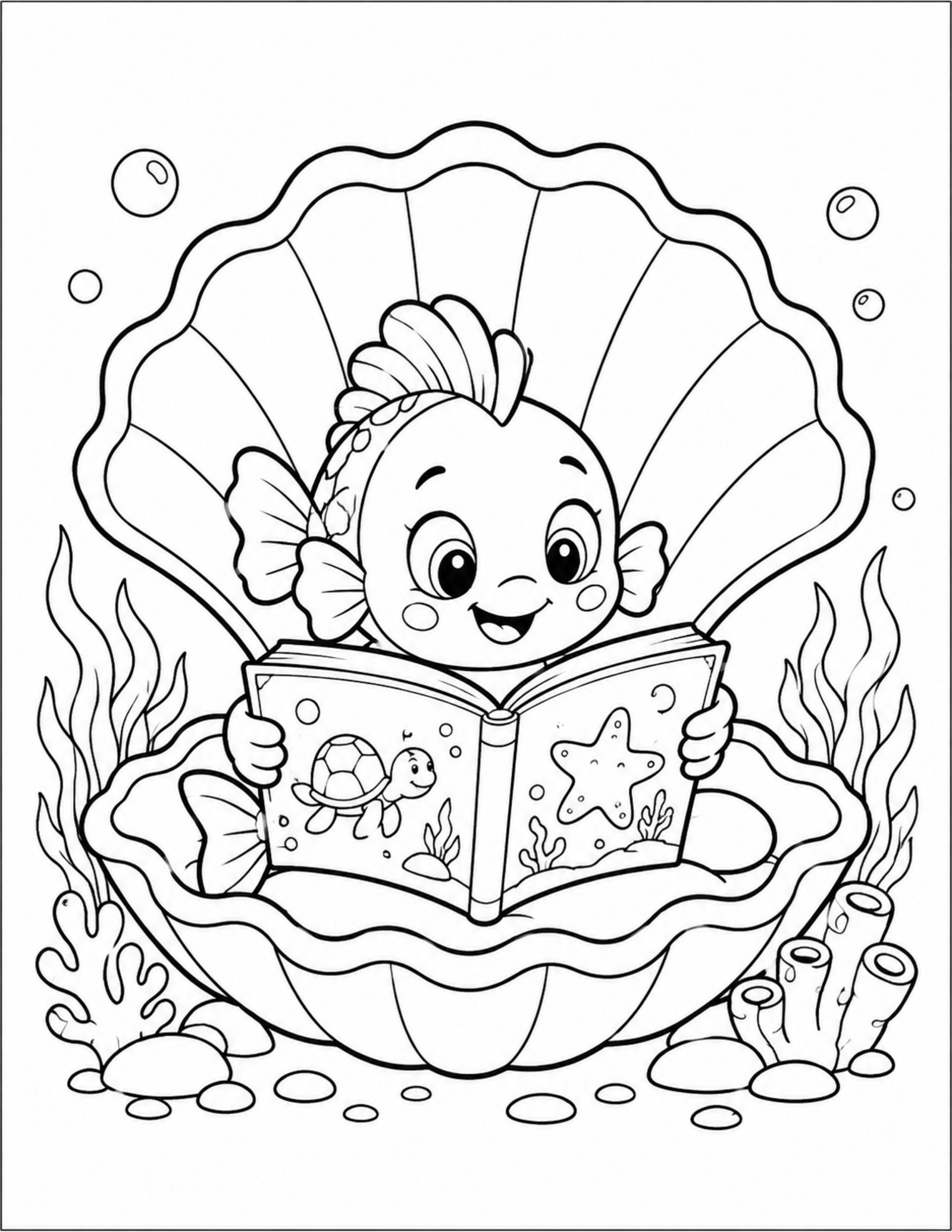 Original bubble submarine coloring page through an undersea coral canyon