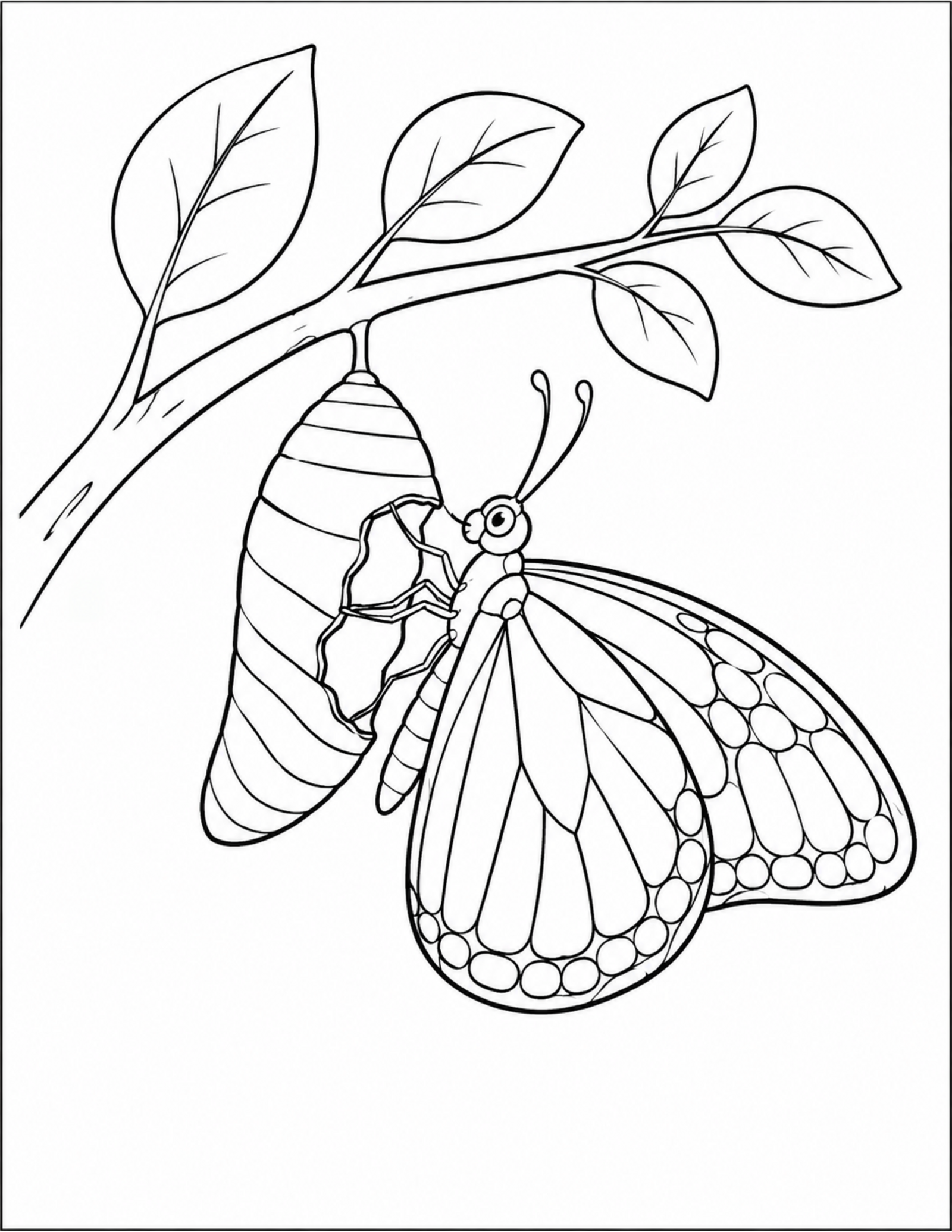 Butterfly coloring pages showing a butterfly emerging from a chrysalis