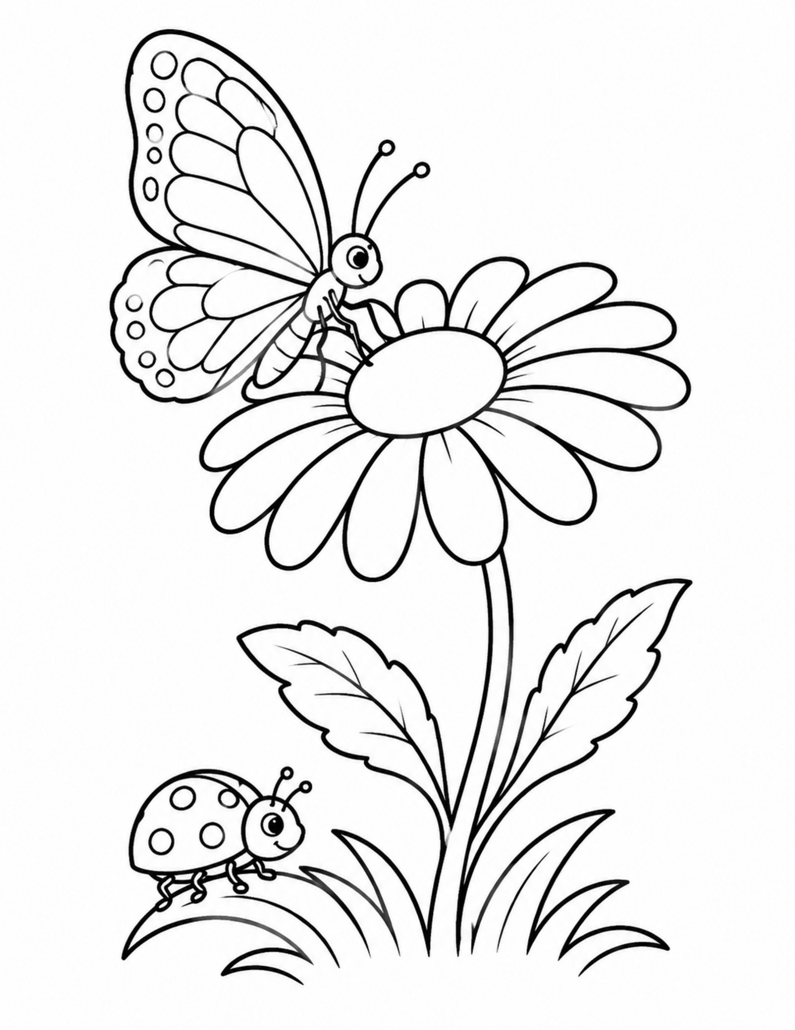 Butterfly coloring pages with a butterfly and ladybug near a daisy