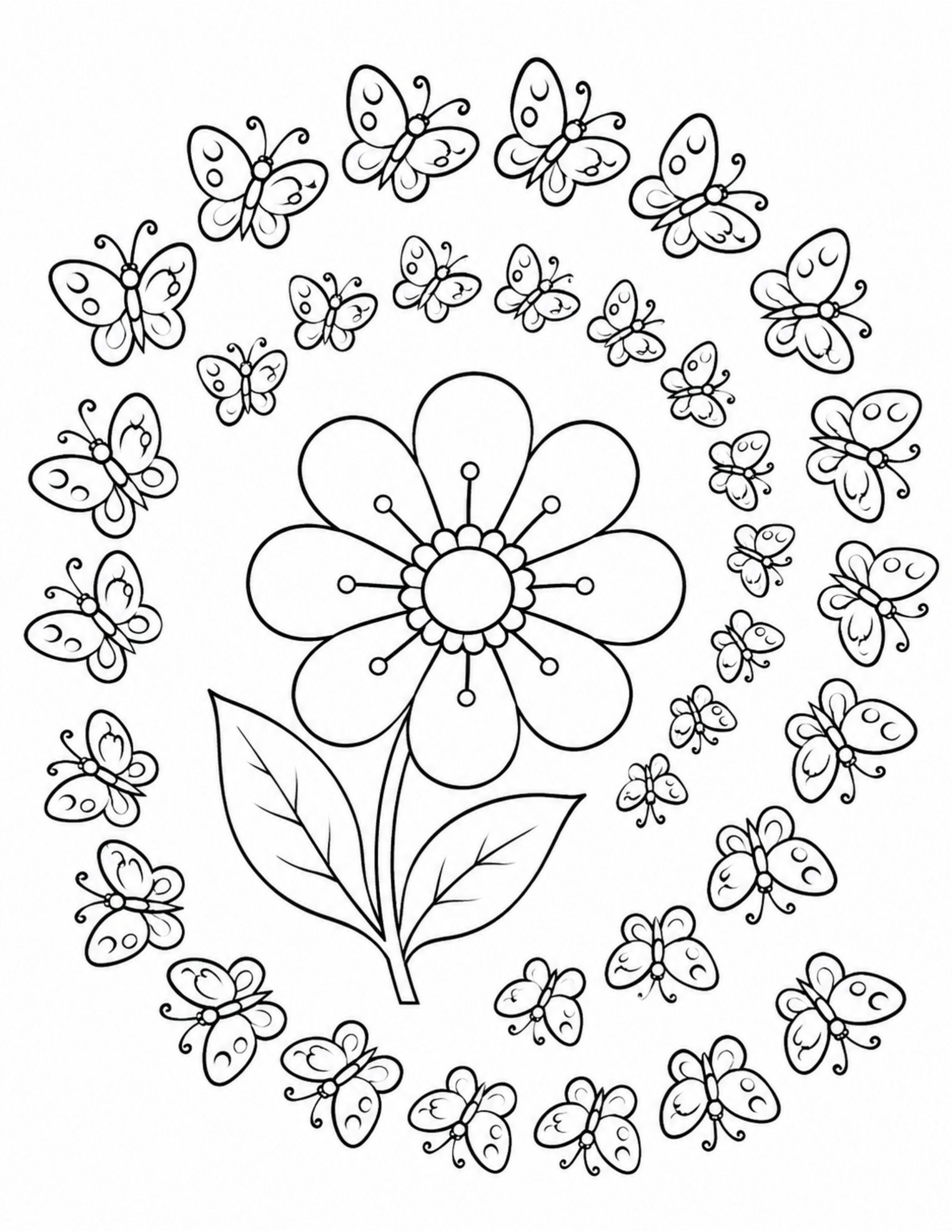 Butterfly coloring pages with butterflies swirling around a flower