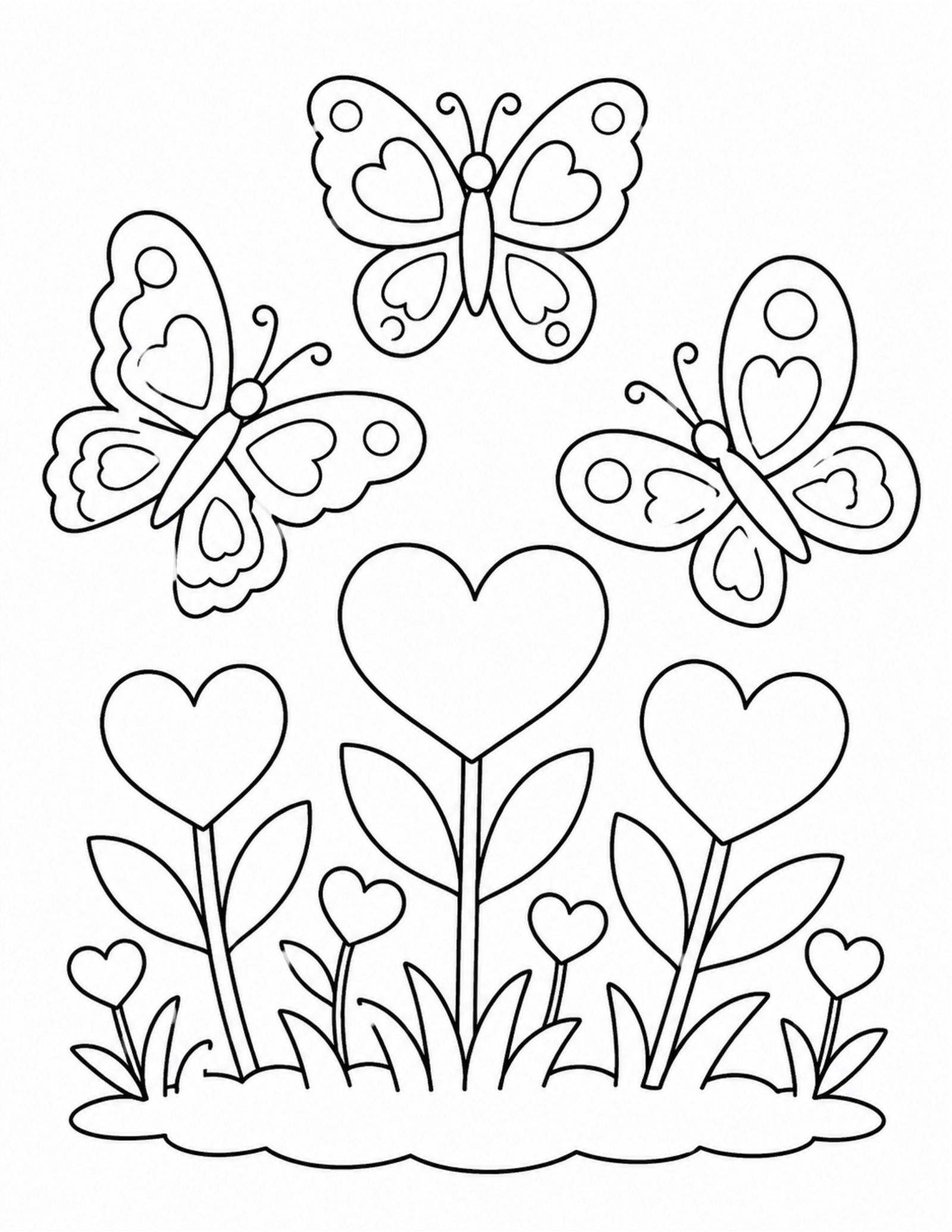 Butterfly coloring pages with three butterflies and a heart garden