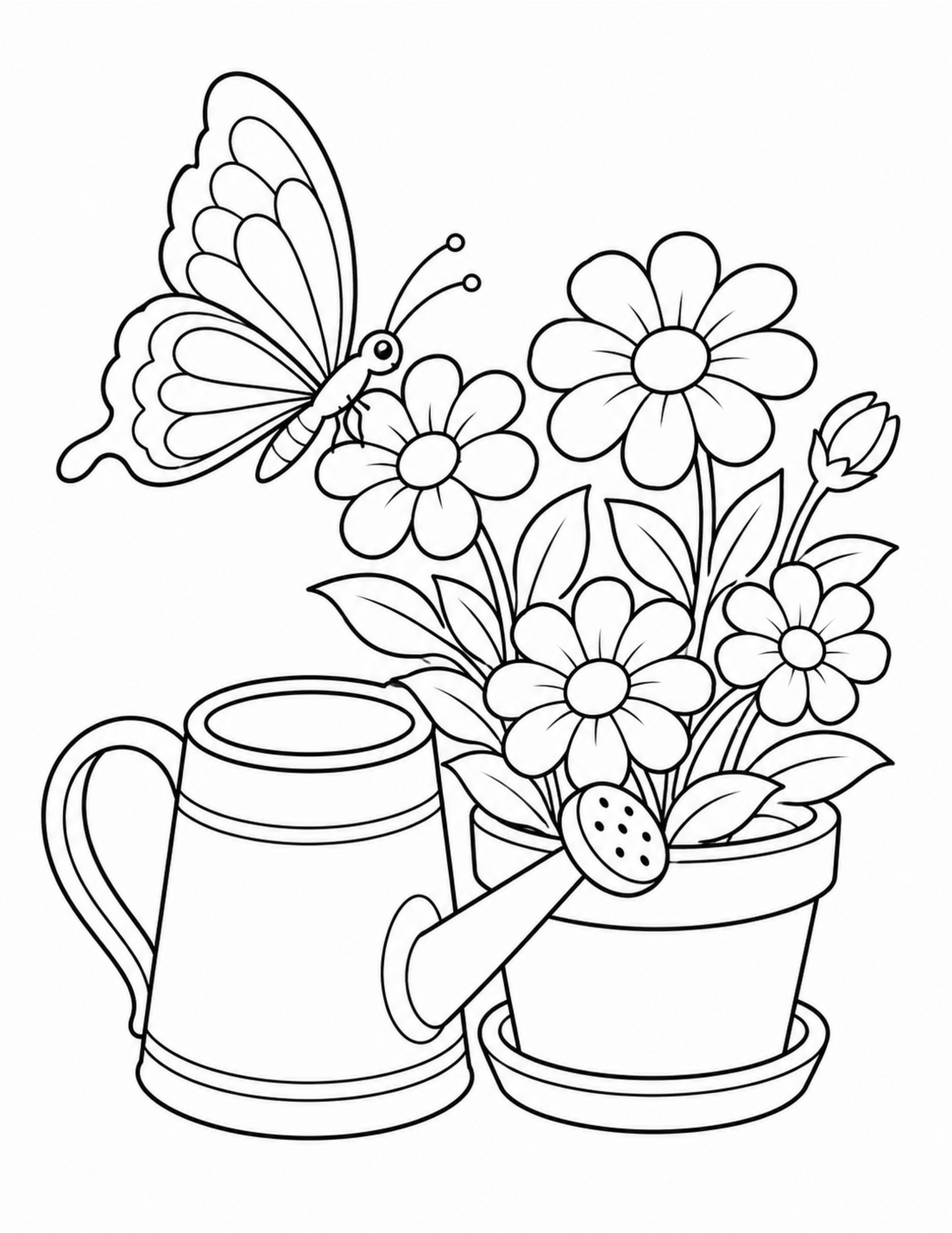 Butterfly coloring pages with flowers and a watering can