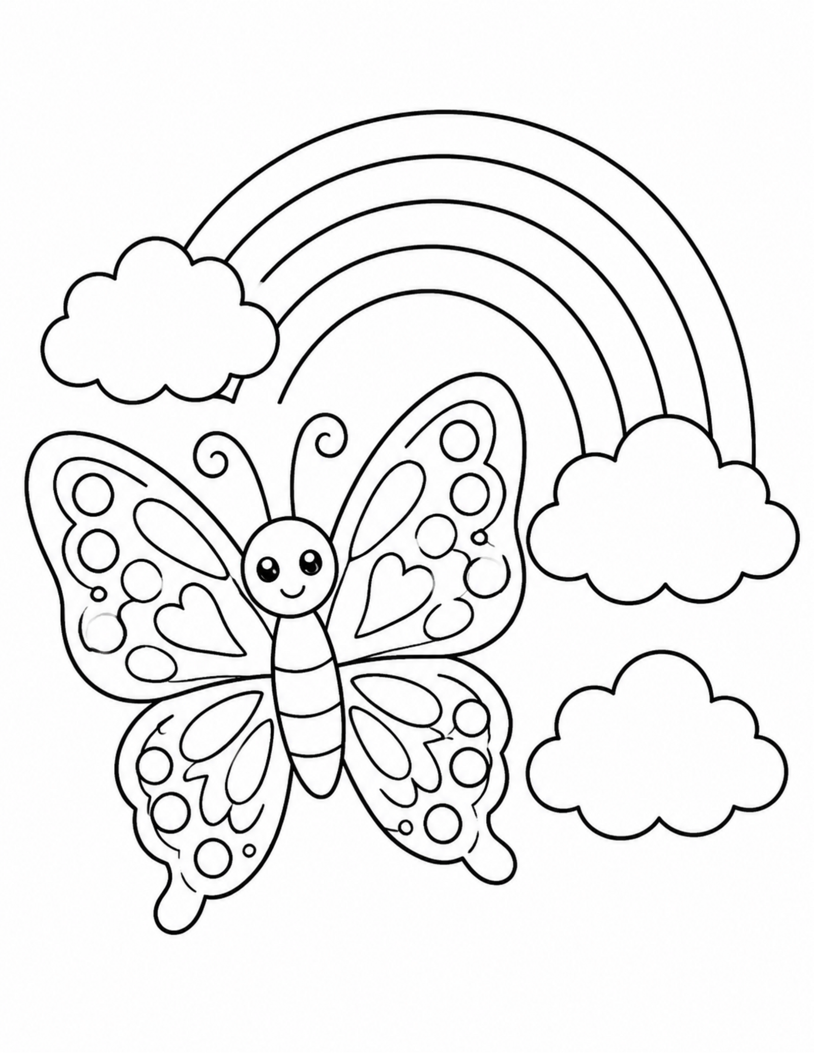 Butterfly coloring pages with patterned wings and a rainbow