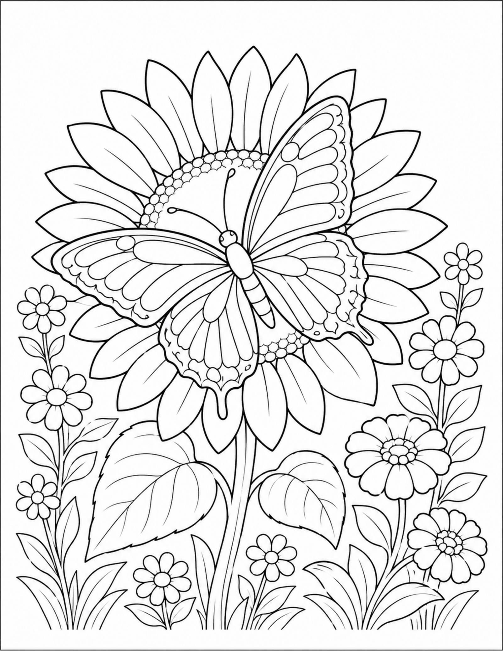 Butterfly coloring pages with a detailed butterfly on a sunflower