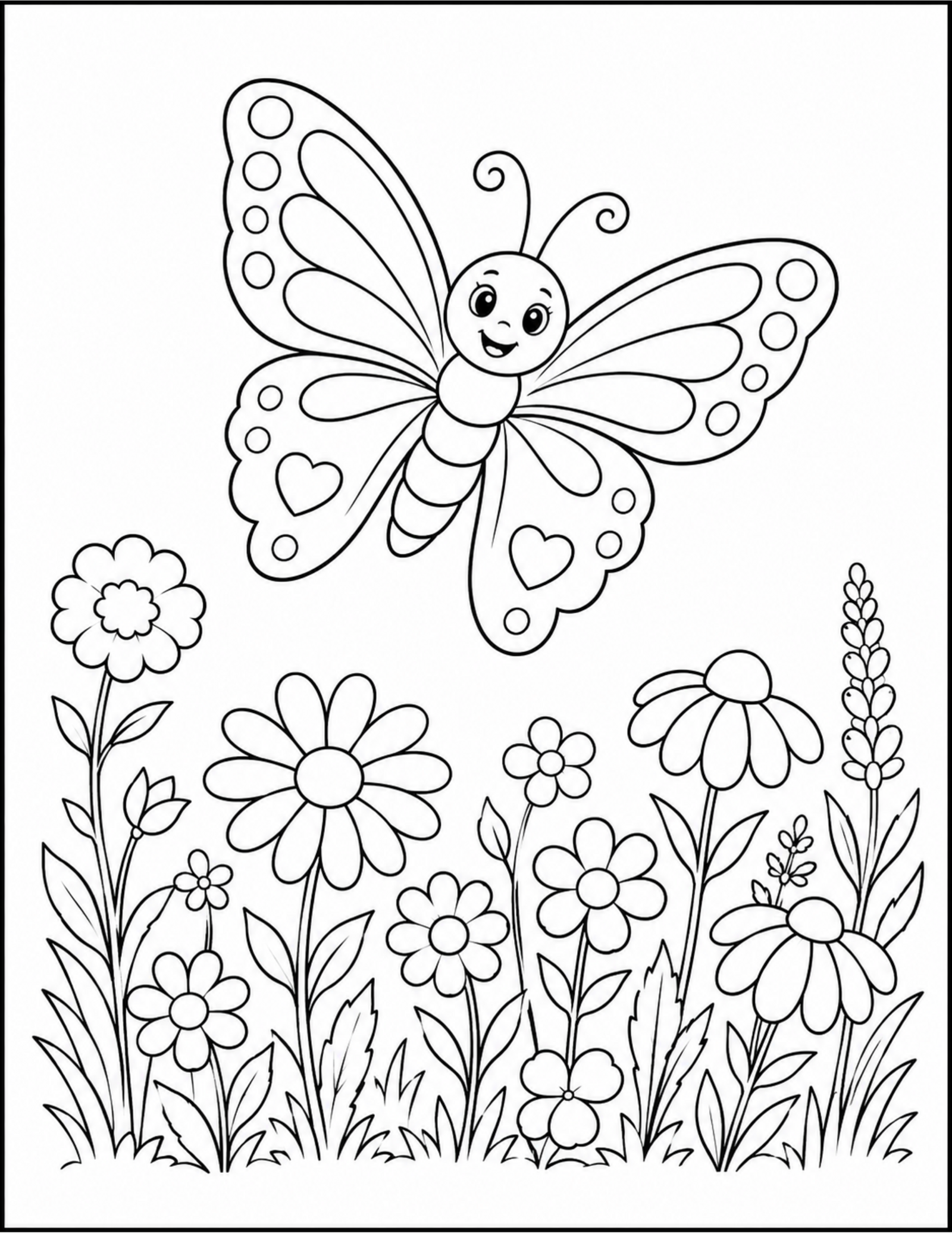 Butterfly coloring pages with a butterfly flying over wildflowers