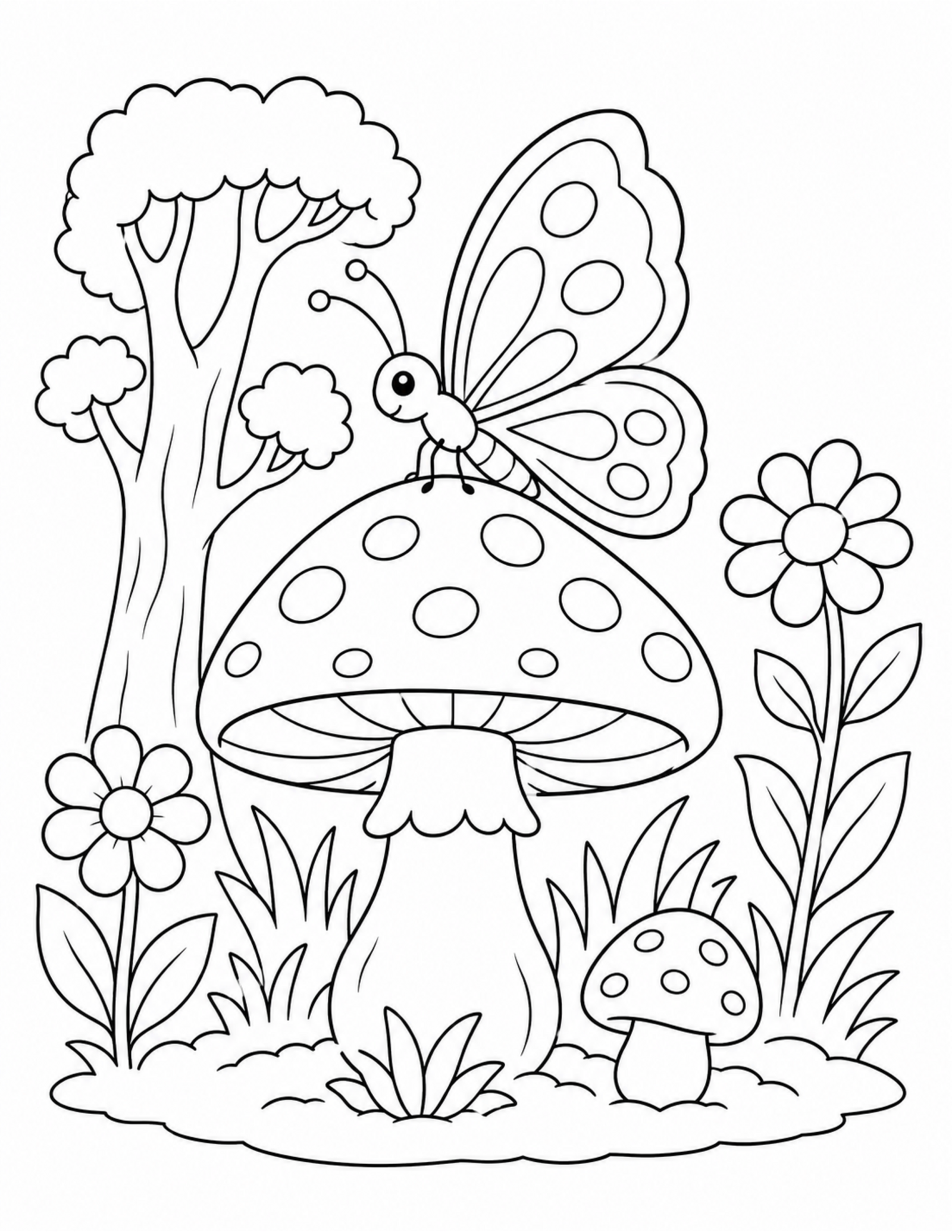 Butterfly coloring pages with a butterfly on a woodland mushroom