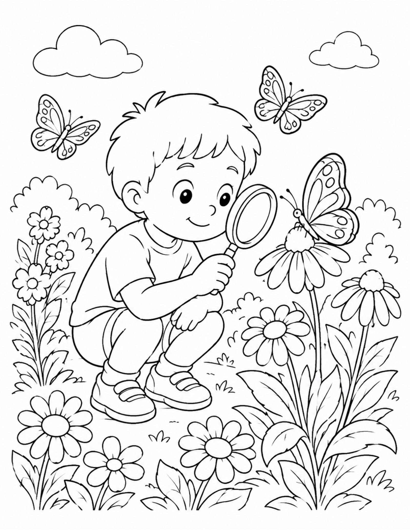 Butterfly coloring pages with a child observing butterflies safely