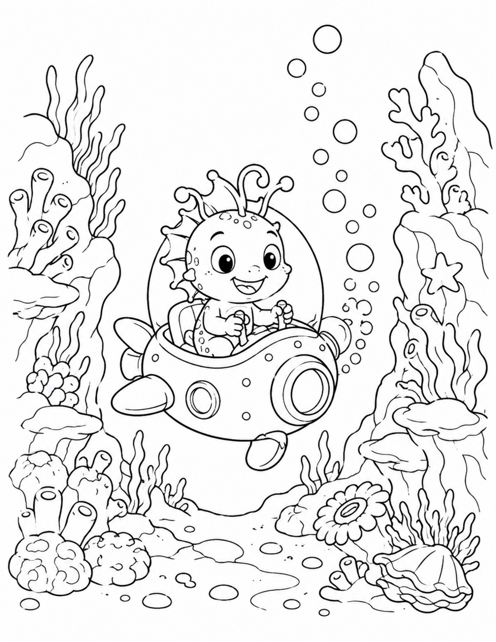 Original fish storytime coloring page under a giant clam shell
