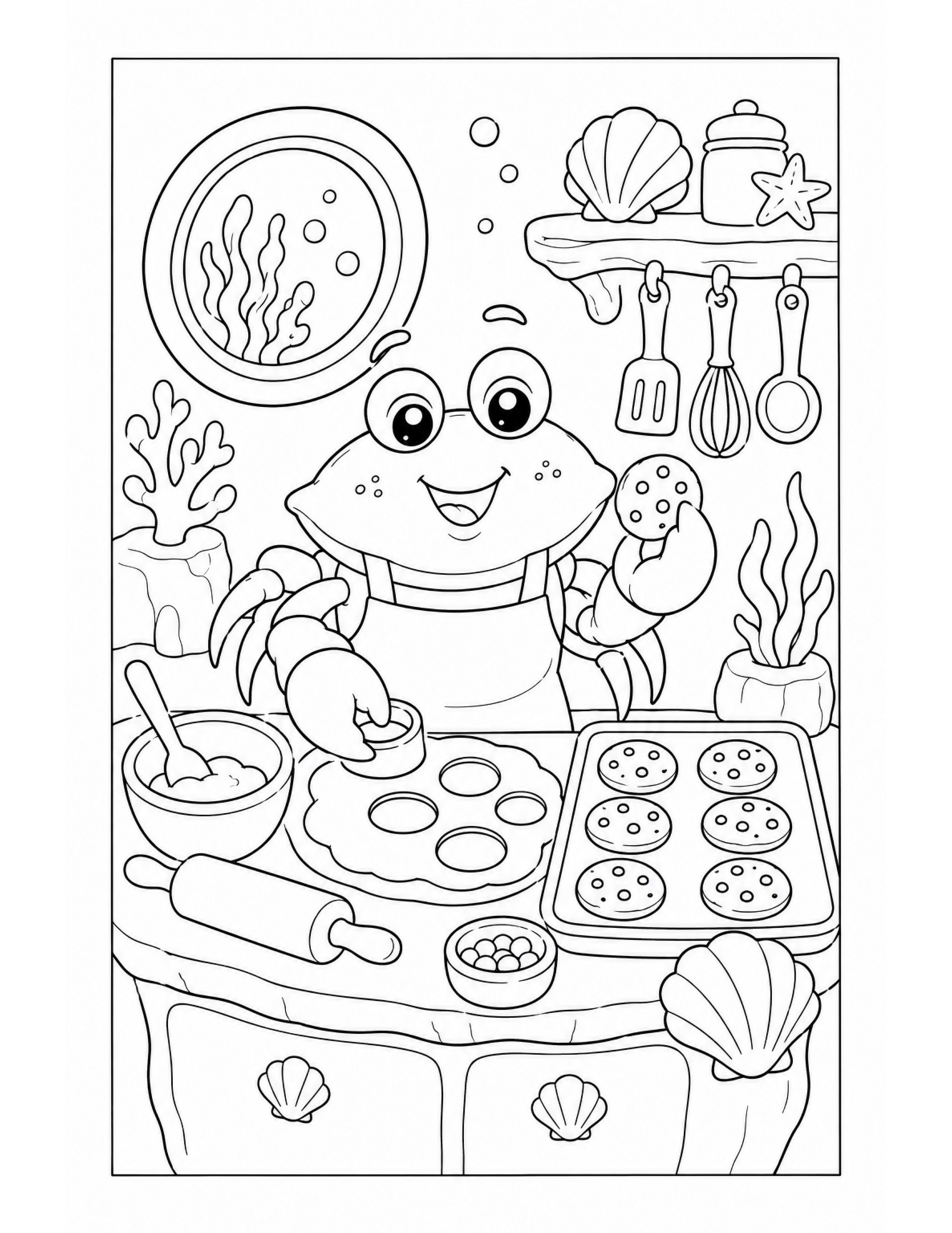 Original crab kitchen coloring page with sea creature baking activity