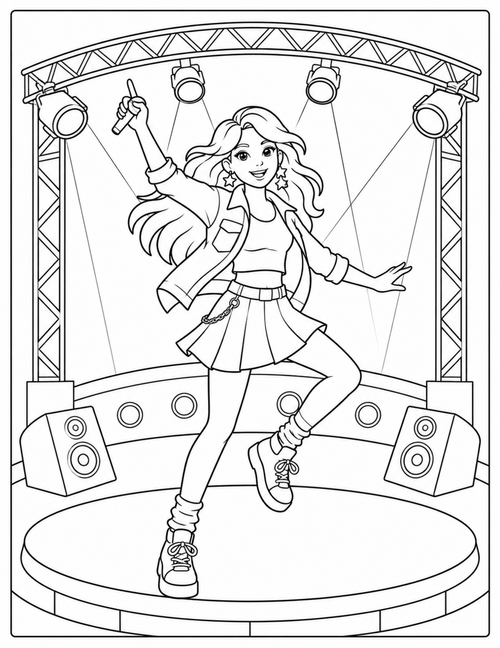 Original floral microphone coloring page with a pop musician