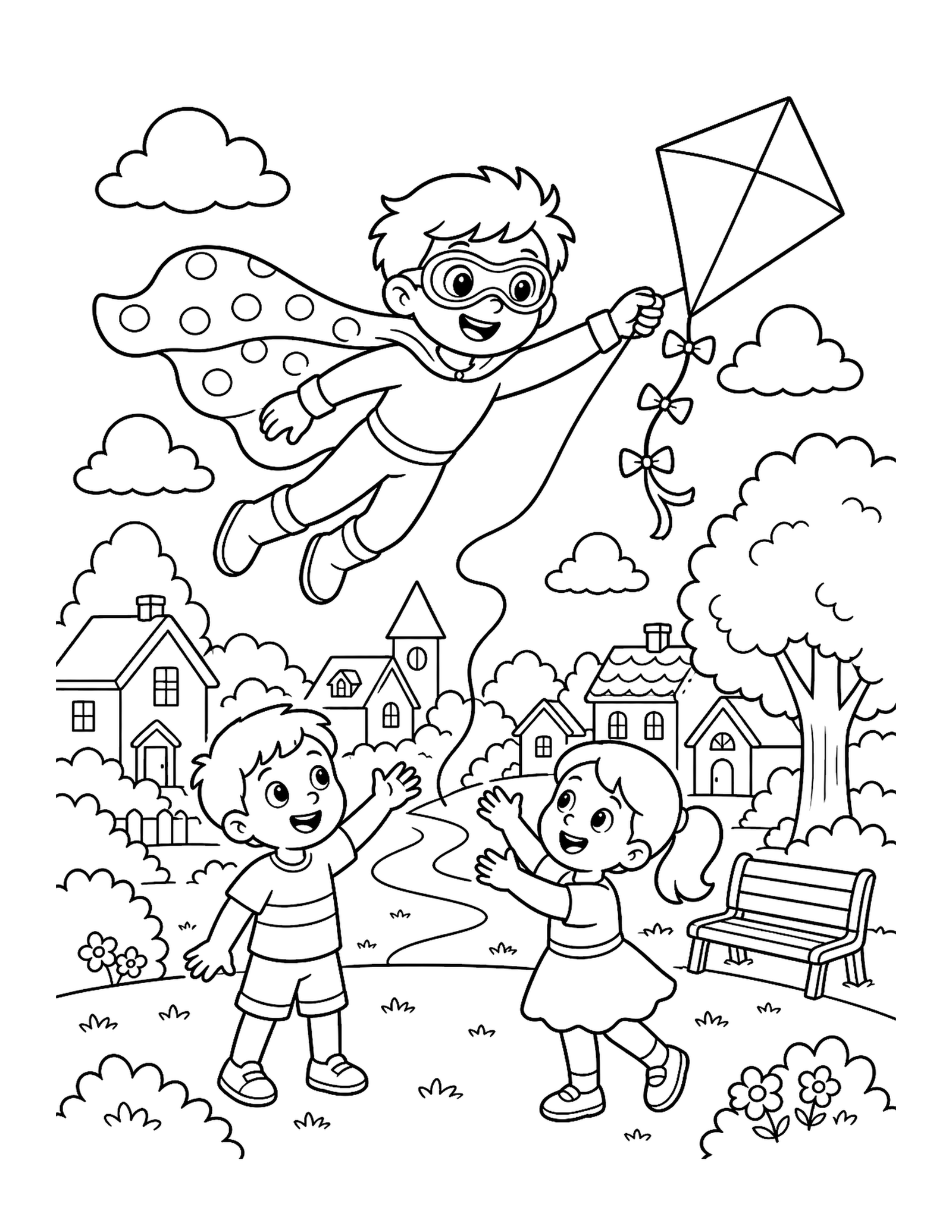 Flying Hero Returns a Kite Original flying superhero printable to color returning a lost kite above a friendly neighborhood park.