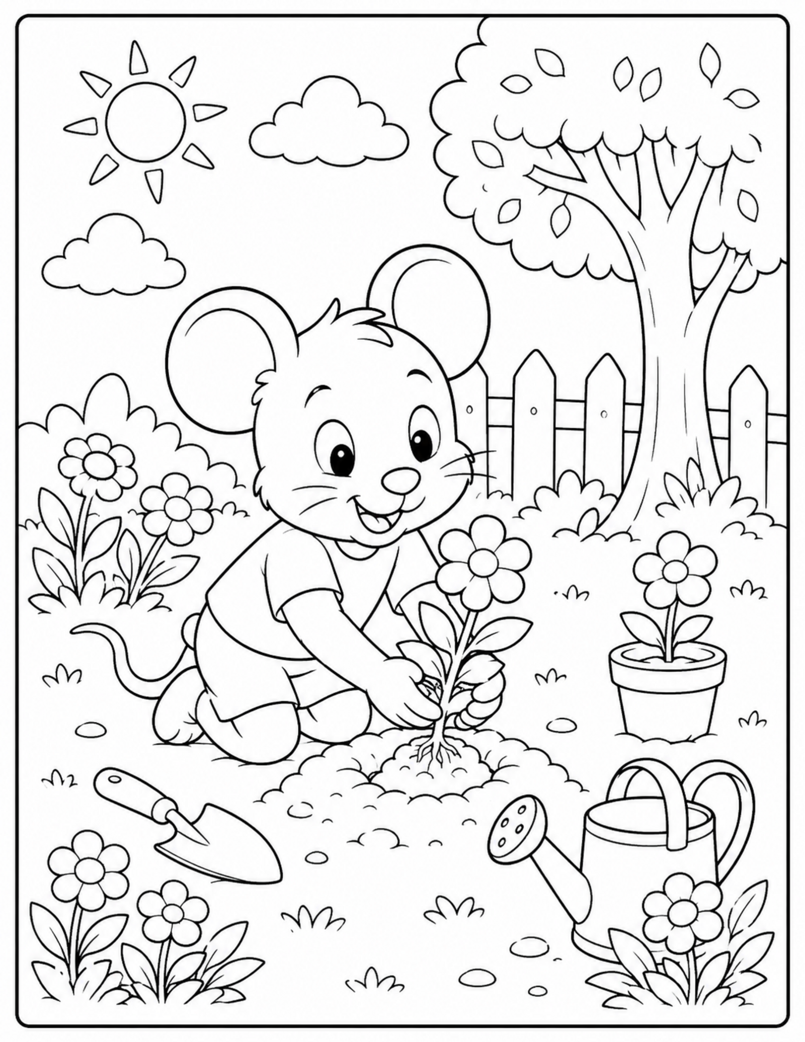 Original cartoon mouse garden coloring page with a child planting flowers