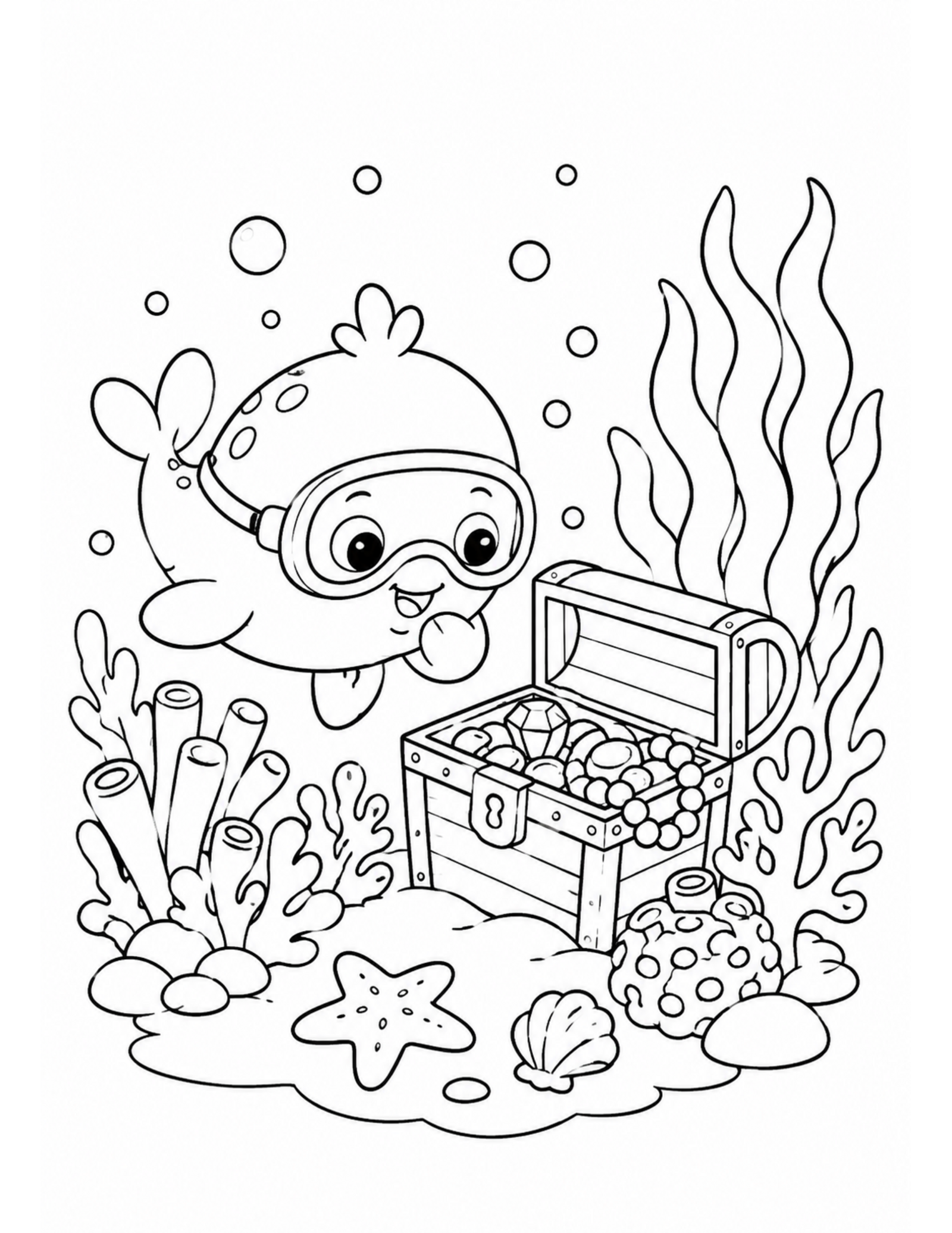 Original jellyfish and coral reef coloring page with friendly fish