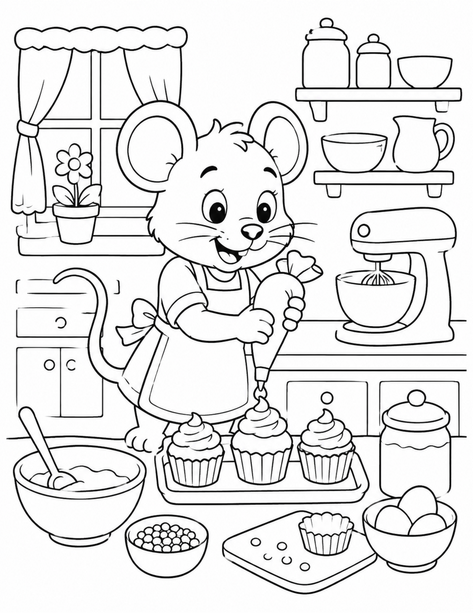 Original cartoon mouse kitchen coloring page with cupcake baking