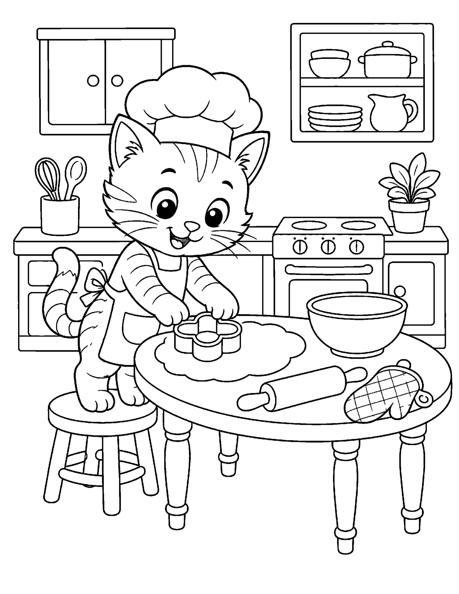 Kitten Baking Cookies Cute kitten baking cookies in the kitchen coloring page