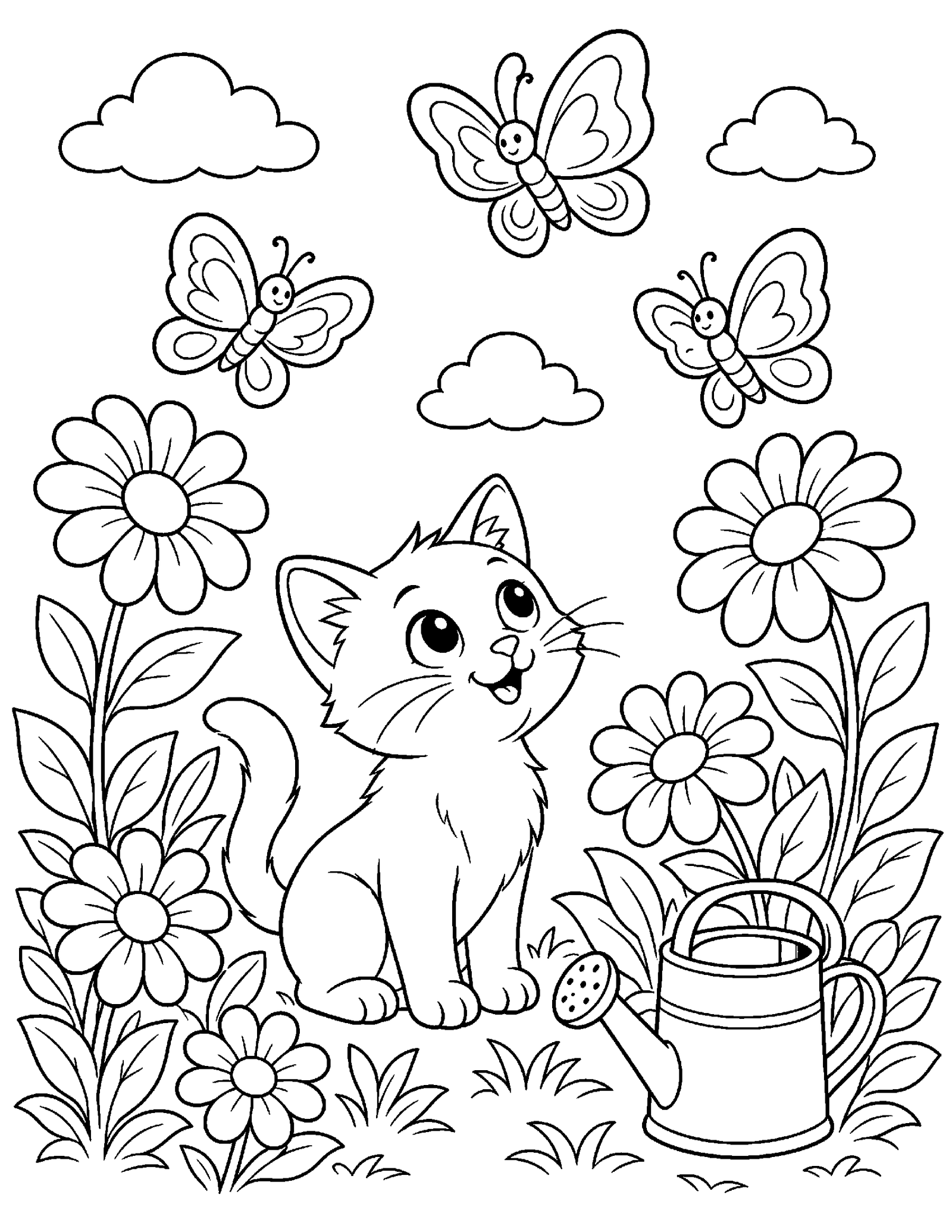 Kitten in a Butterfly Garden Cute kitten watching butterflies in a flower garden coloring page