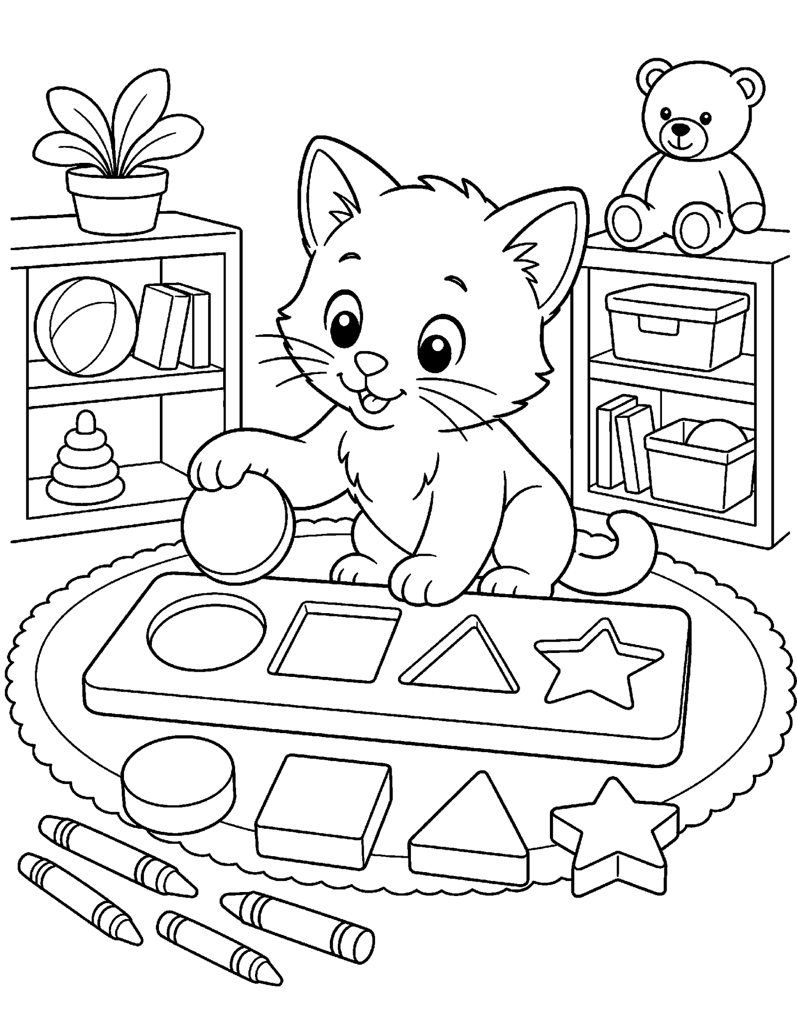 Kitten Learning Shapes Cute kitten learning geometric shapes educational coloring page