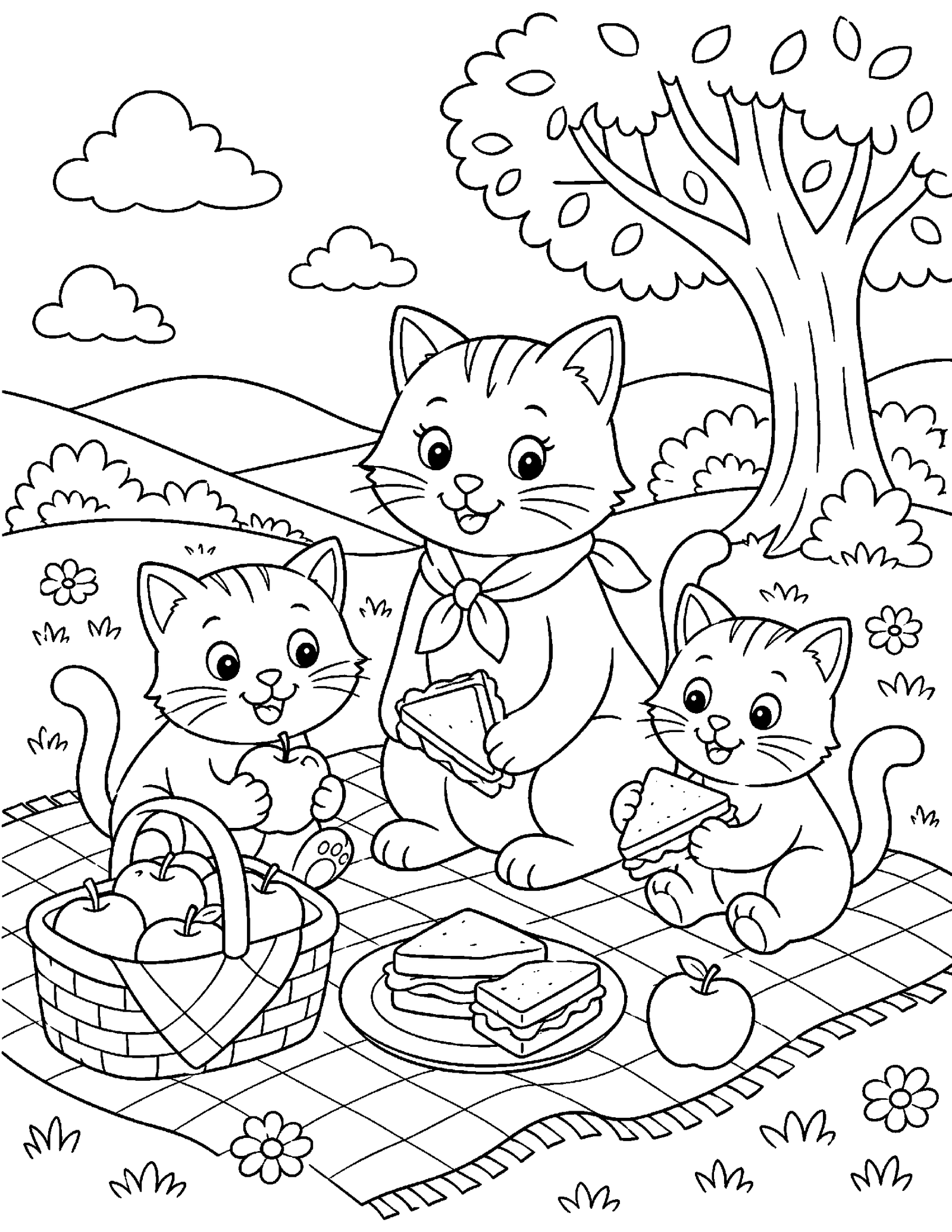 Kitten Family Picnic Cute kitten family picnic printable coloring page