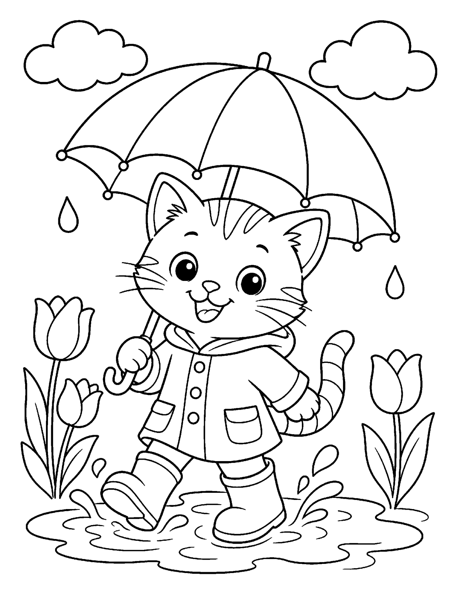 Kitten on a Rainy Day Cute kitten with umbrella and rain boots coloring page