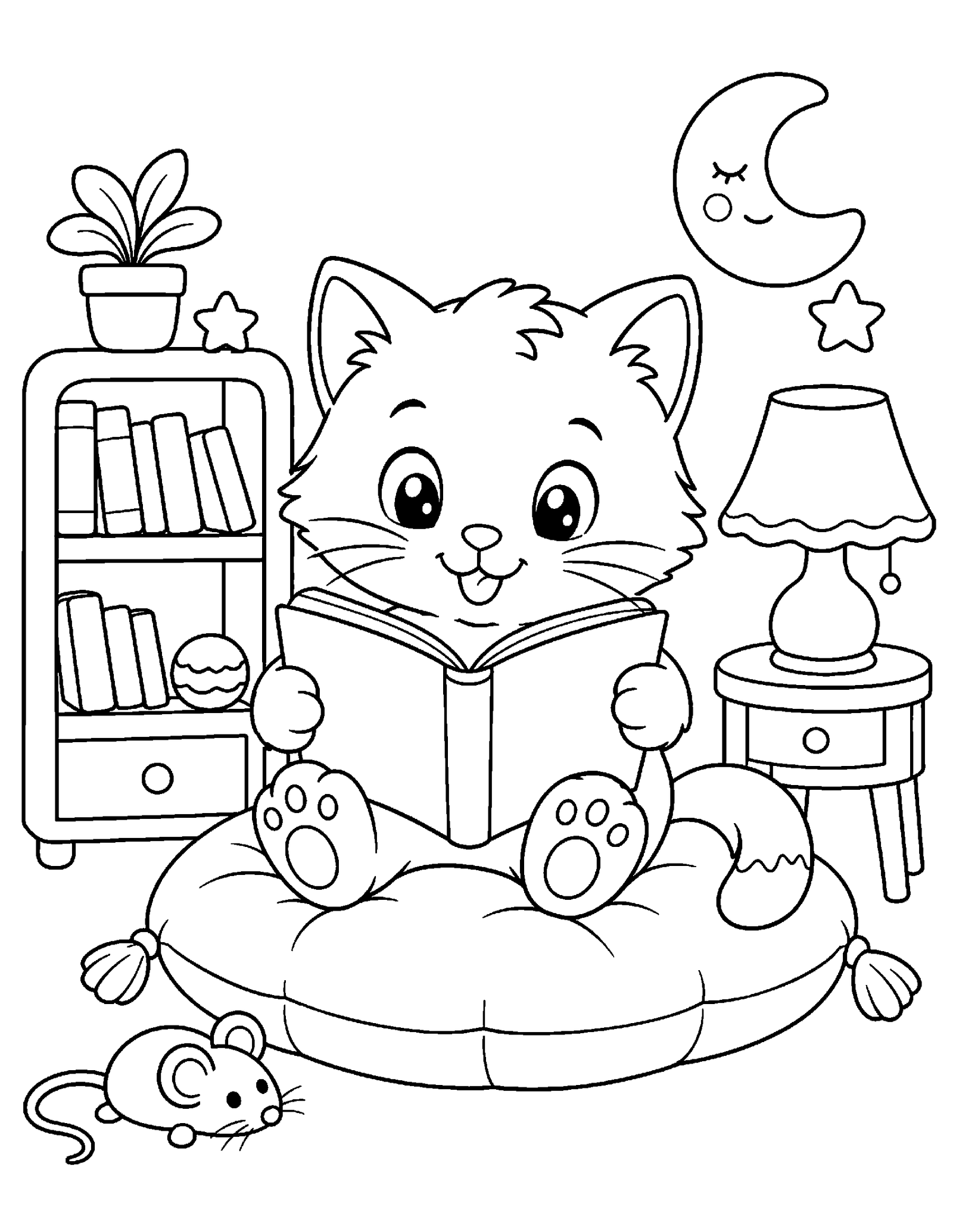 Kitten Reading a Book Cute kitten reading a book in a cozy room coloring page