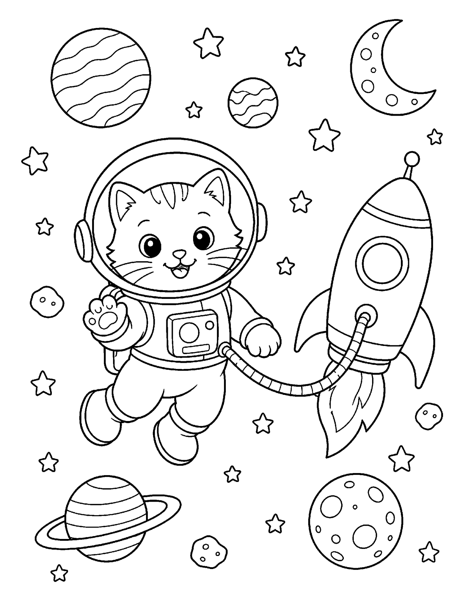 Kitten Space Adventure Cute kitten astronaut in space printable coloring page