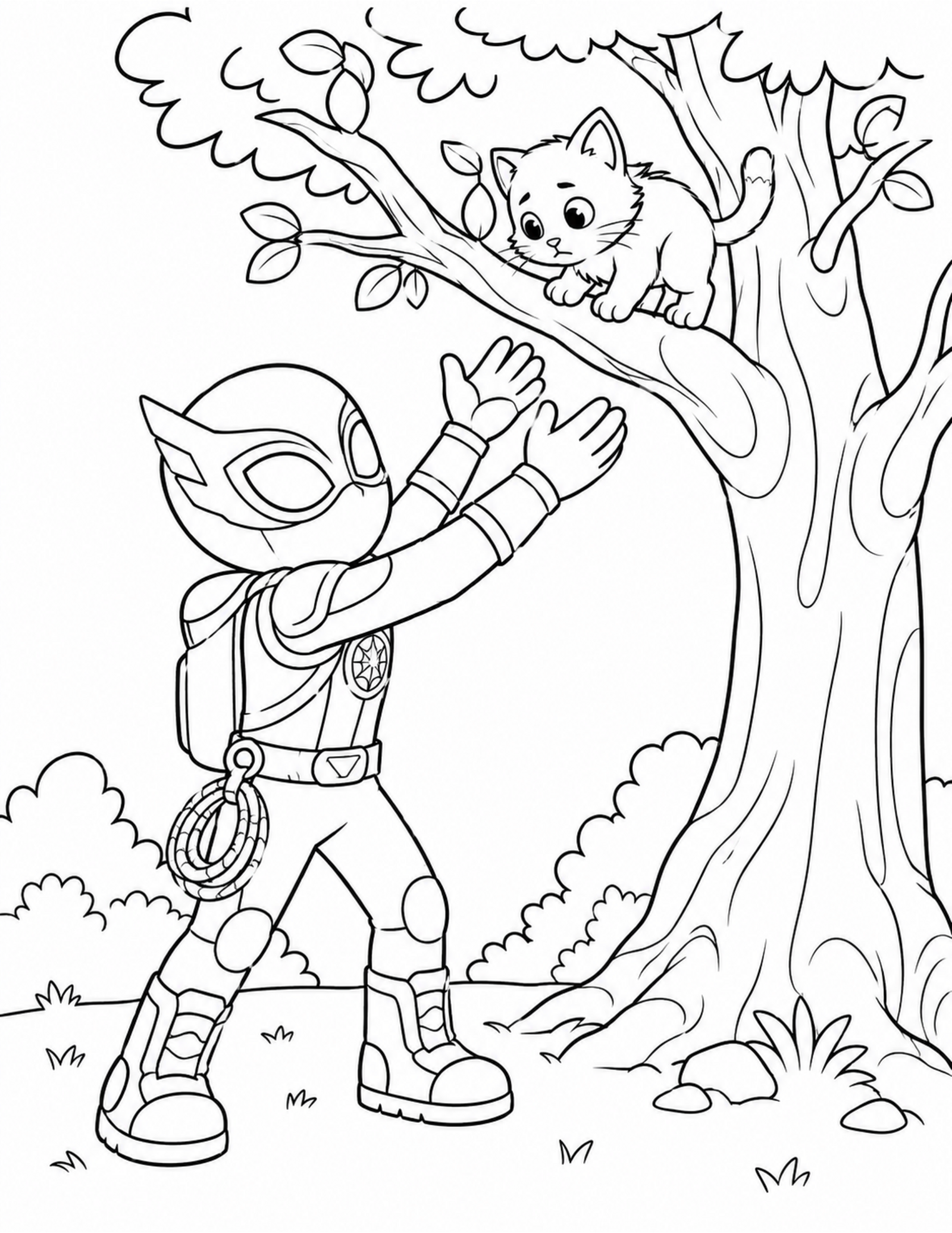 Spiderman coloring pages inspired by an original hero helping a kitten