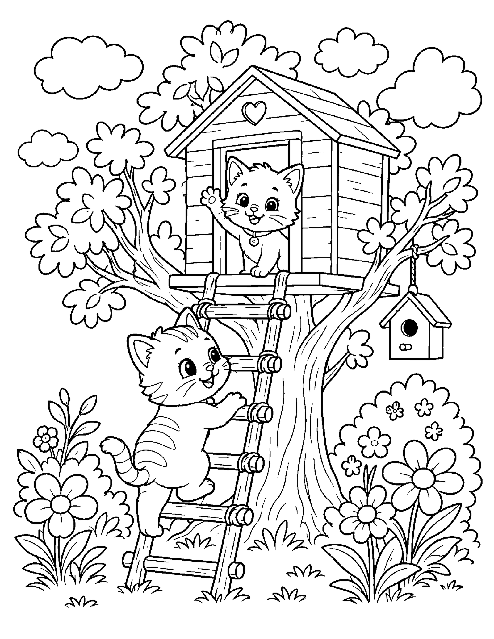 Kitten Treehouse Adventure Cute kittens climbing to a treehouse coloring page