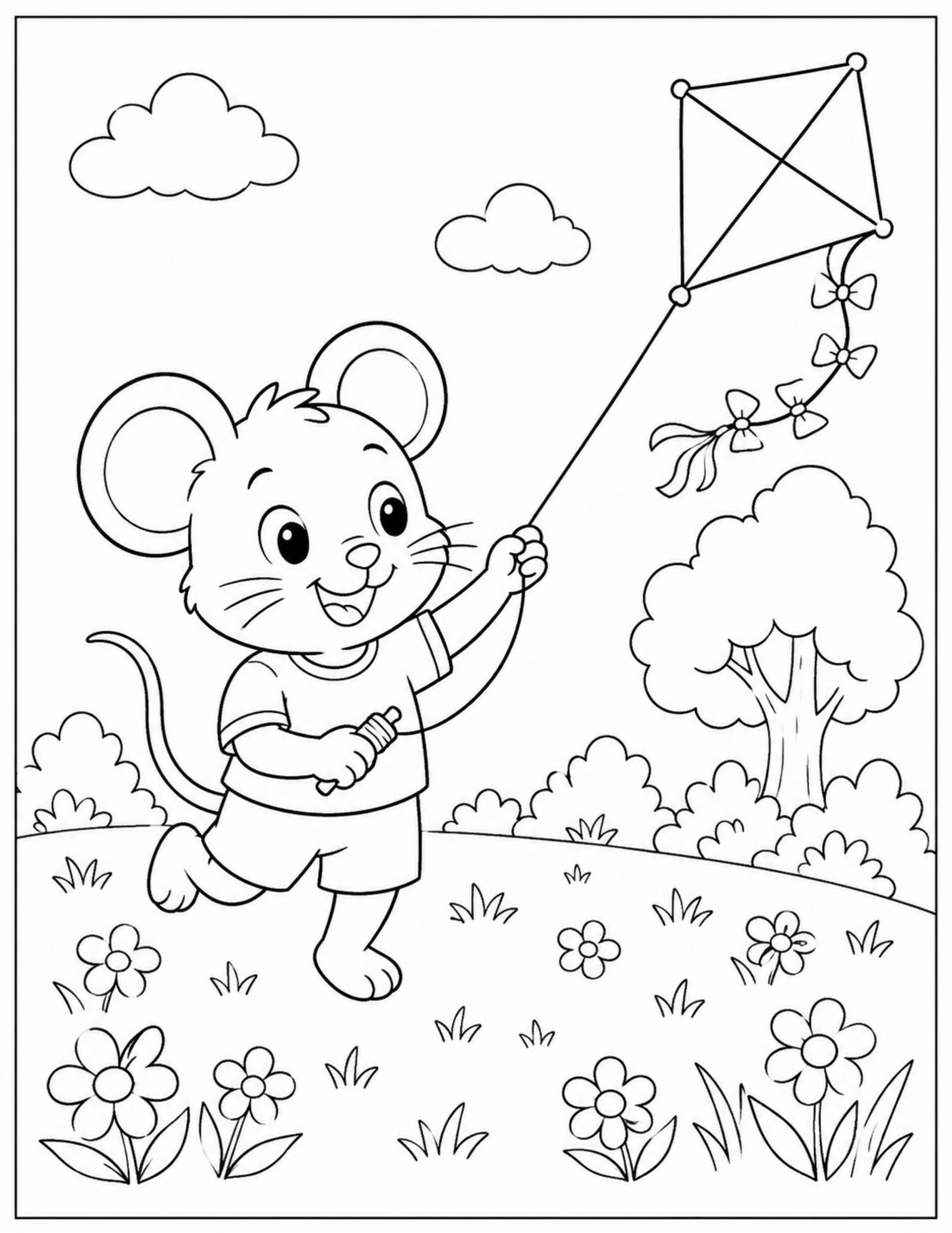 Original cartoon mouse kite coloring page in a peaceful meadow