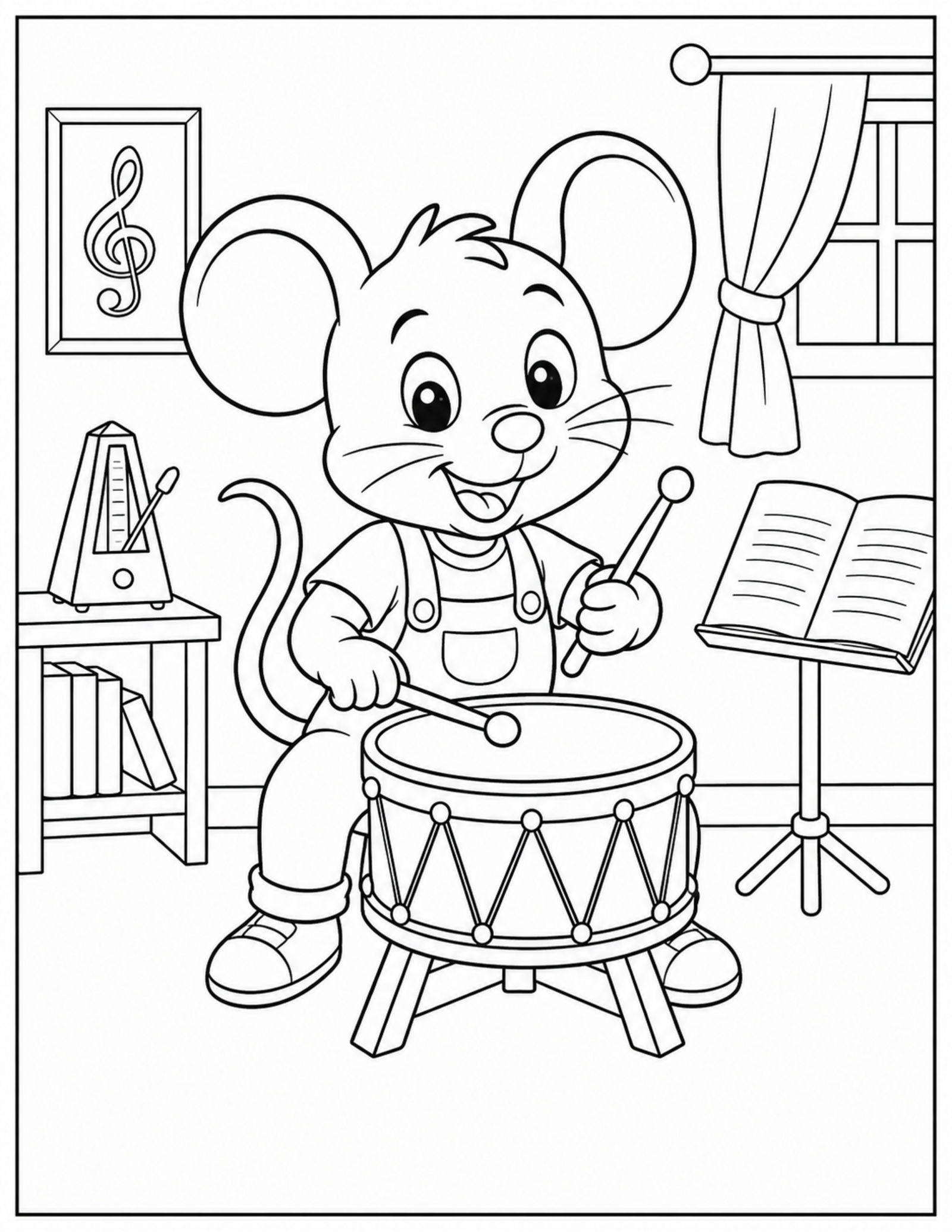 Original cartoon mouse music coloring page with a child playing a drum