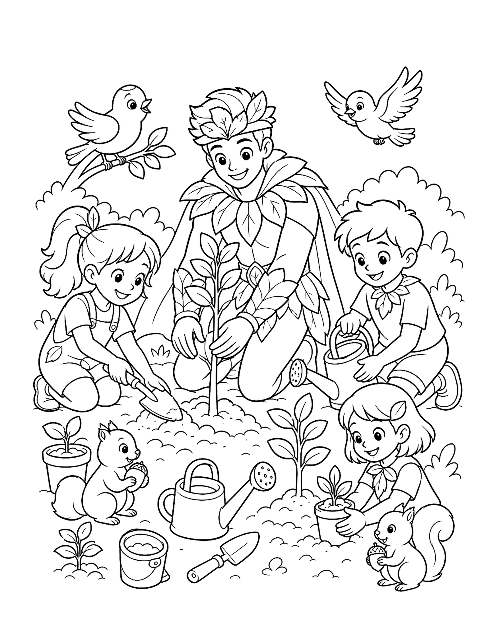 Nature Hero Plants Trees Original nature superhero printable to color planting saplings with children, birds, and garden tools.
