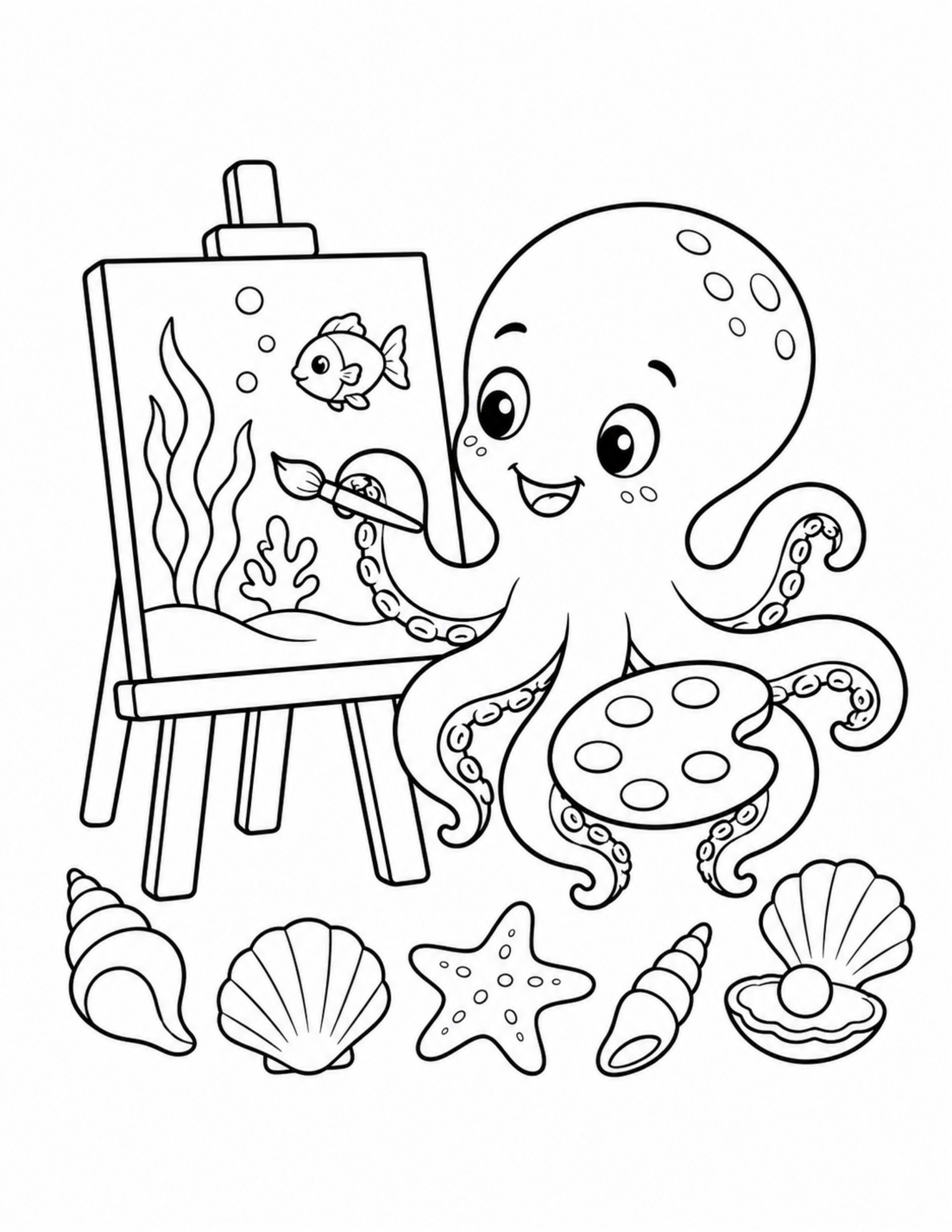 Original octopus art studio coloring page with an easel and shells