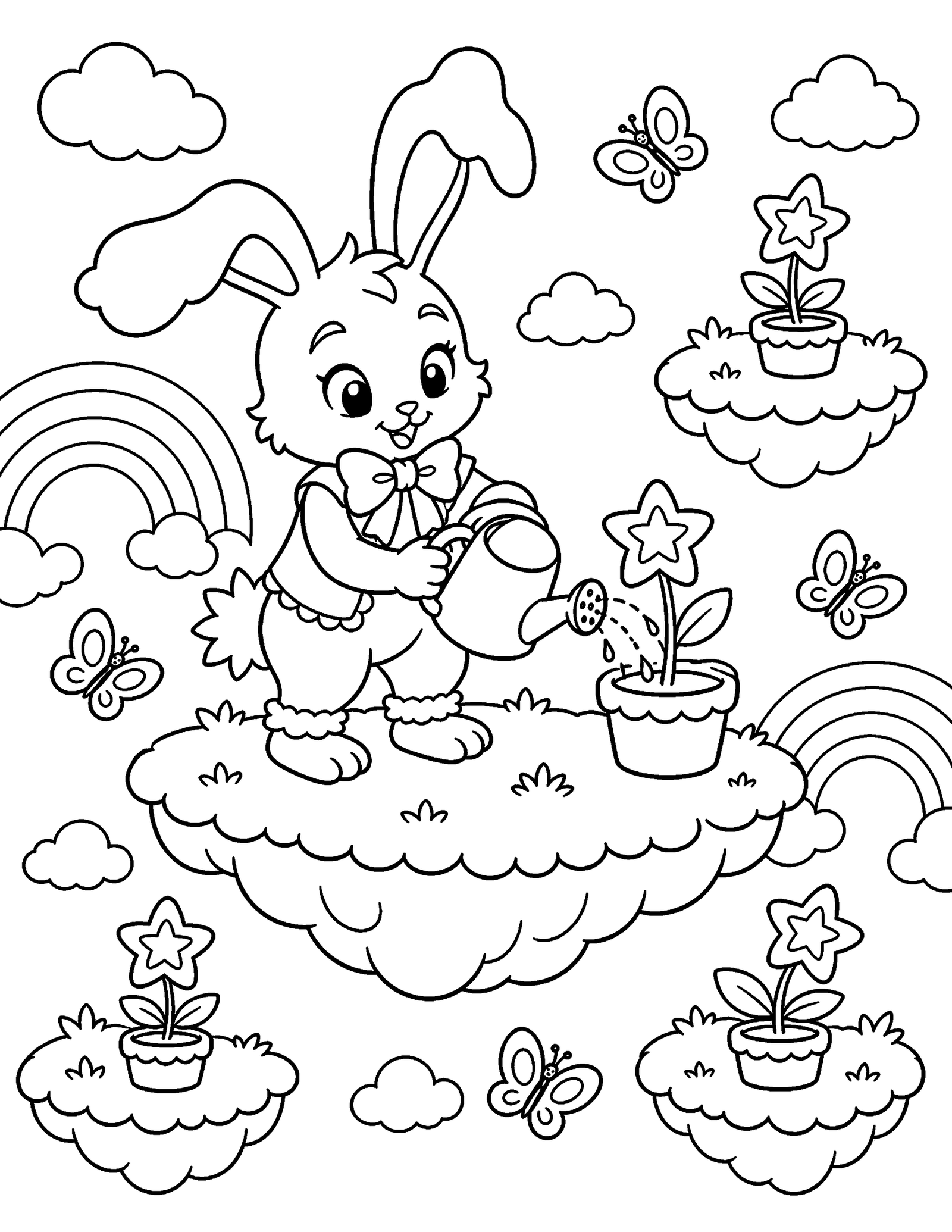 Original Bunny's Cloud Garden Original floppy-eared bunny waters star-shaped flowers on whimsical floating garden islands.