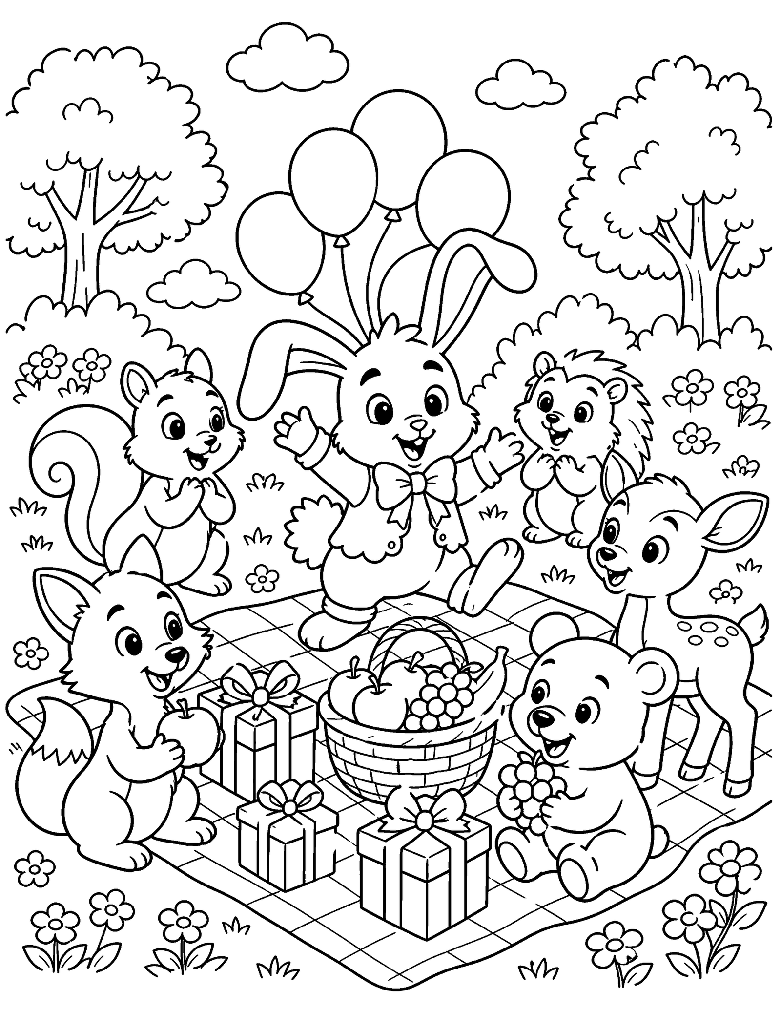 Original Bunny Friends Celebration Original fantasy bunny celebrates at a picnic with five animal friends, balloons, gifts, and fruit.